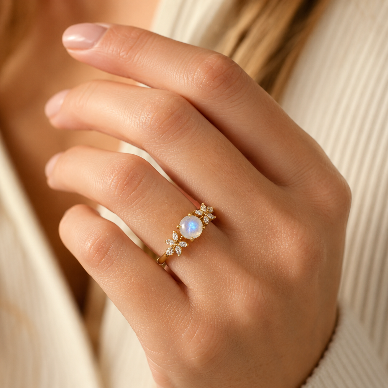 Moonstone floral gold ring with moissanite accents worn by female model