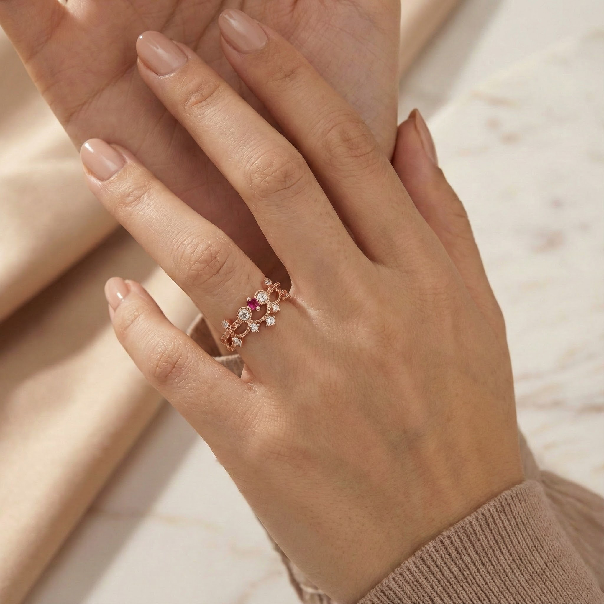 Garnet Personalized Rose Gold Ring/Side Ring Crown Design Ring Match Ring