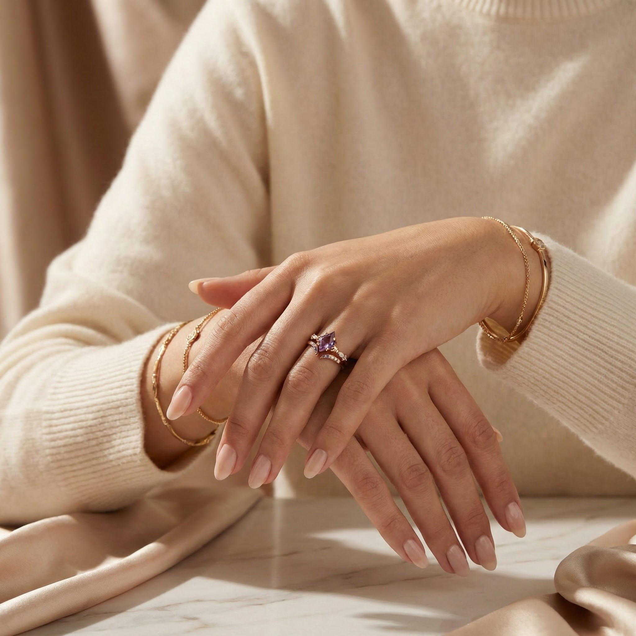 Detailed view of Kite Cut Amethyst Ring Set in Gold