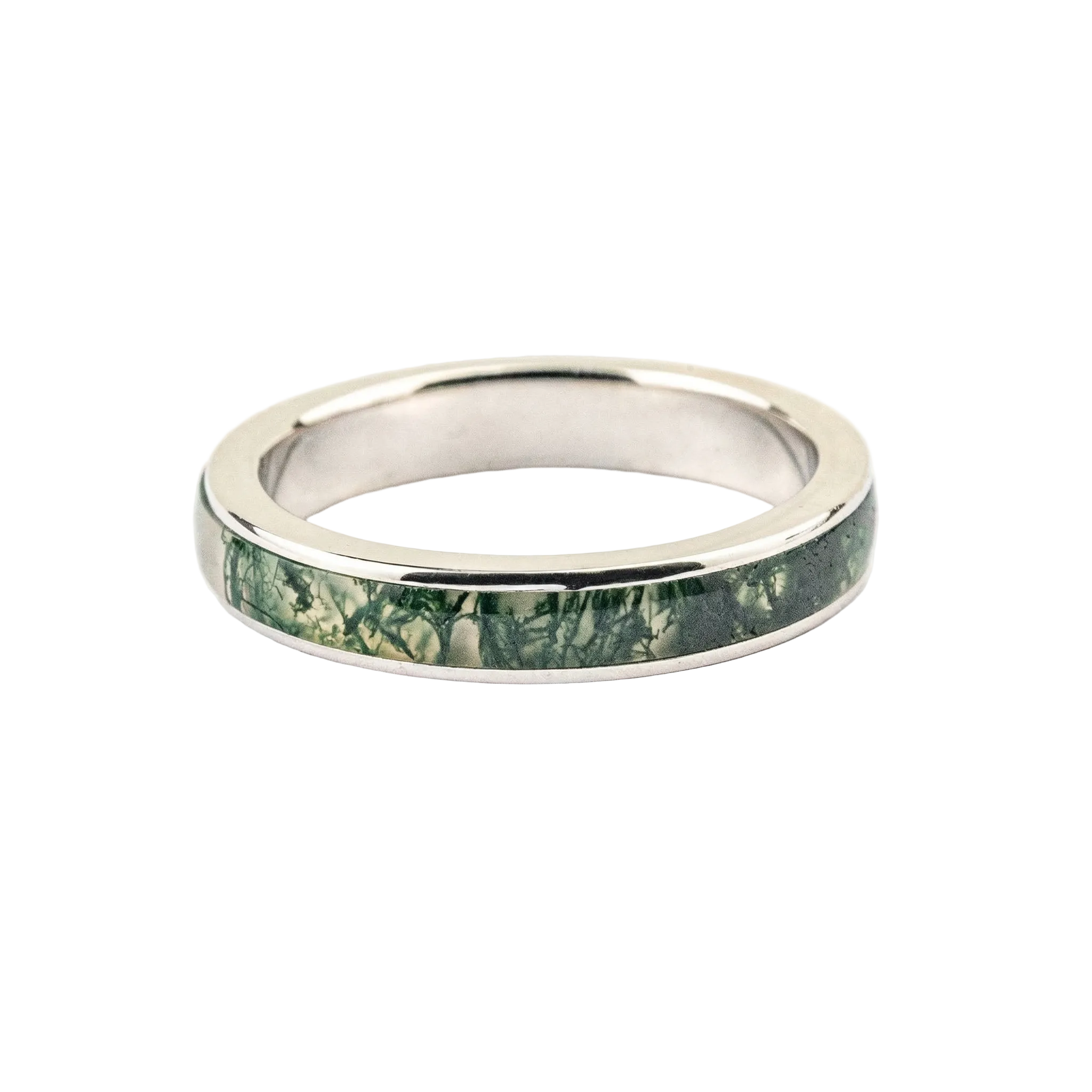 Front view of Moss Agate Wedding Band in Gold