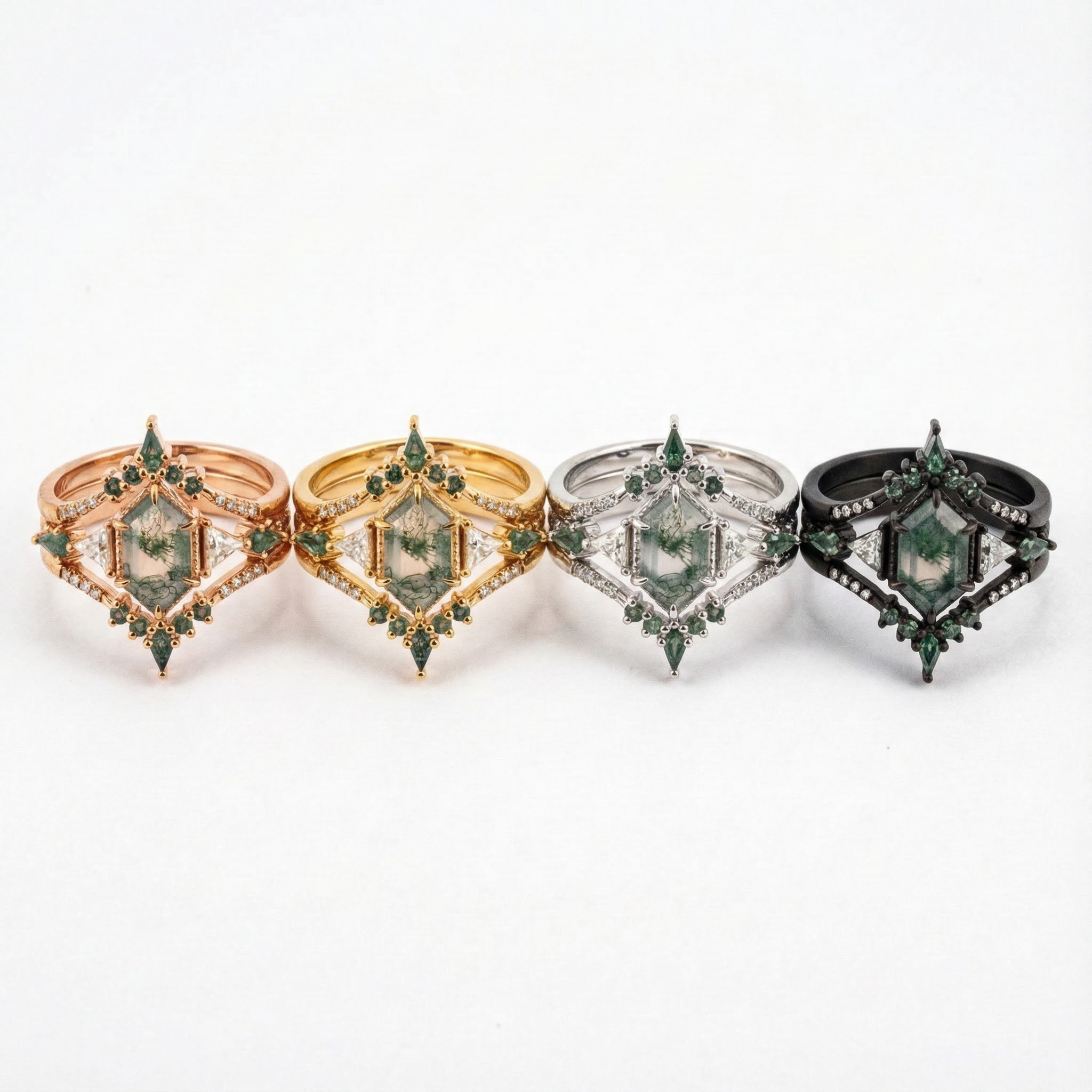 Vintage Hexagonal Moss Agate Nature-Inspired Rings Set Agate Engagement Ring