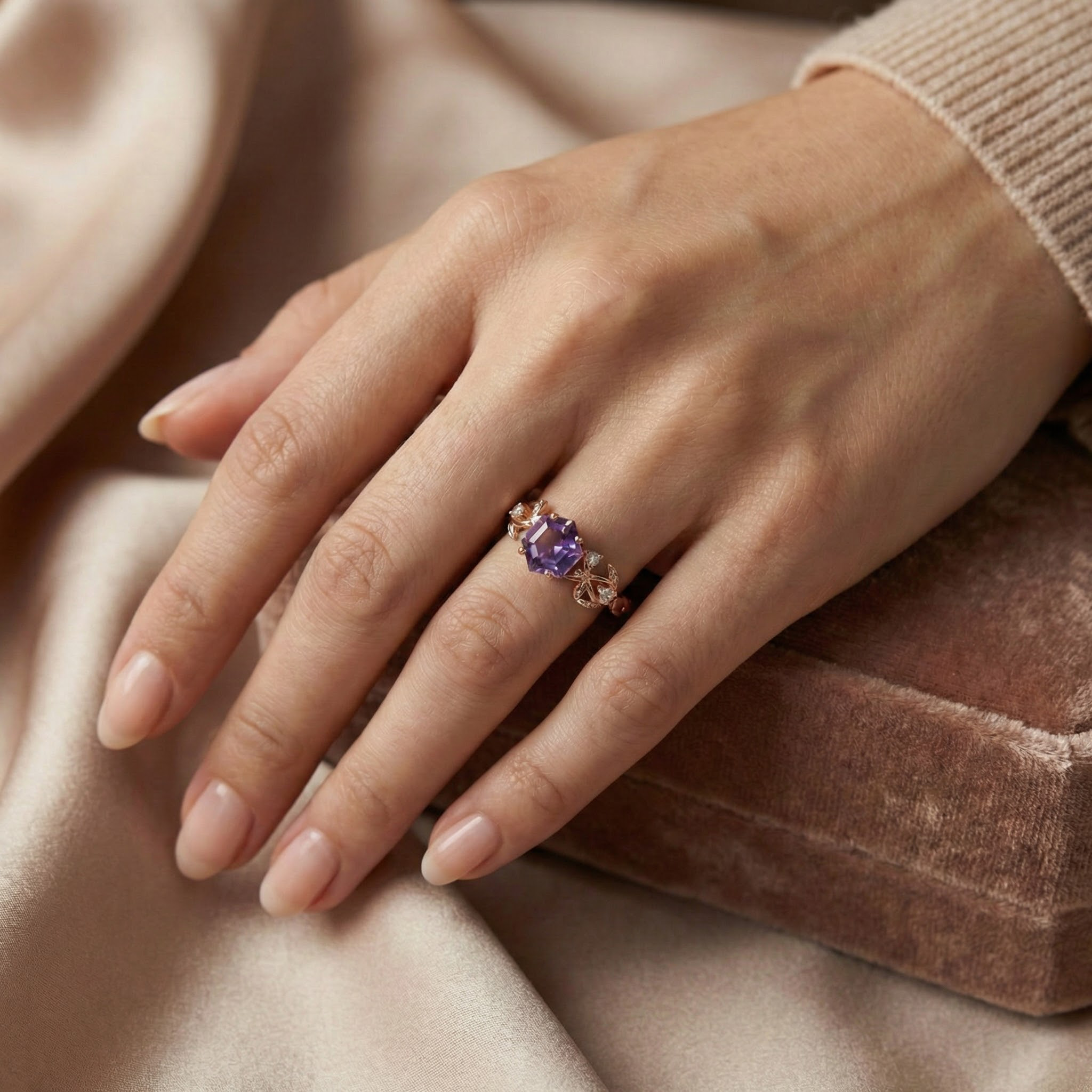 Detailed view of Hexagon Amethyst Engagement Ring in Gold