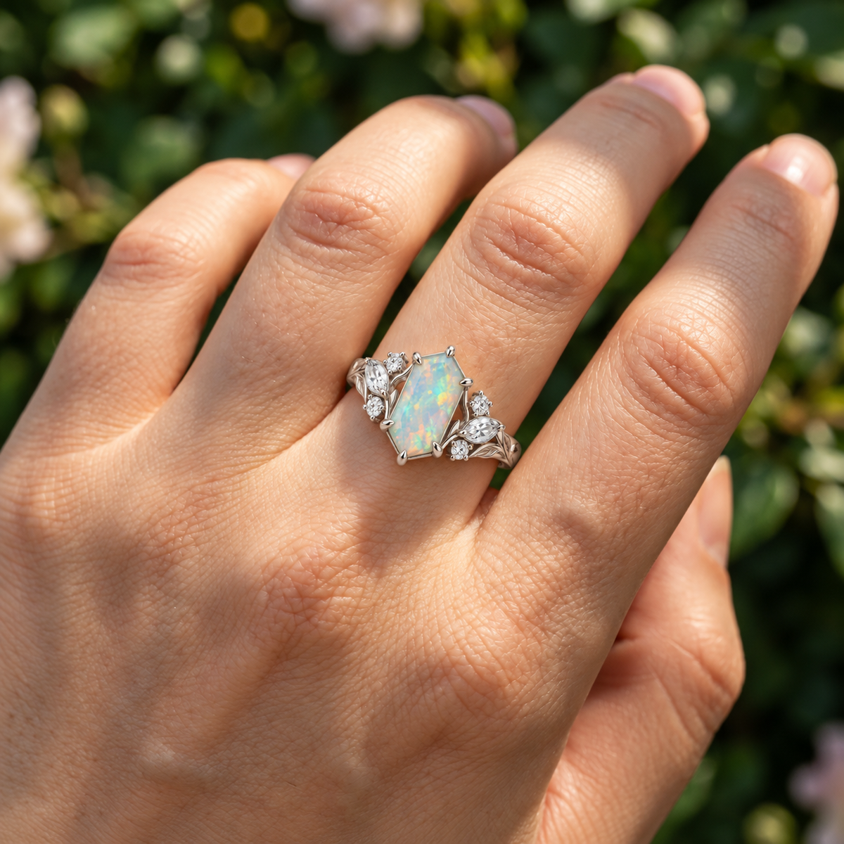 Long hexagon lab created opal ring in white gold with moissanite accents