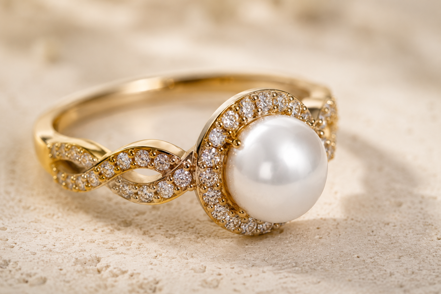 Lifestyle view of Pearl Wedding Band in Rose Gold