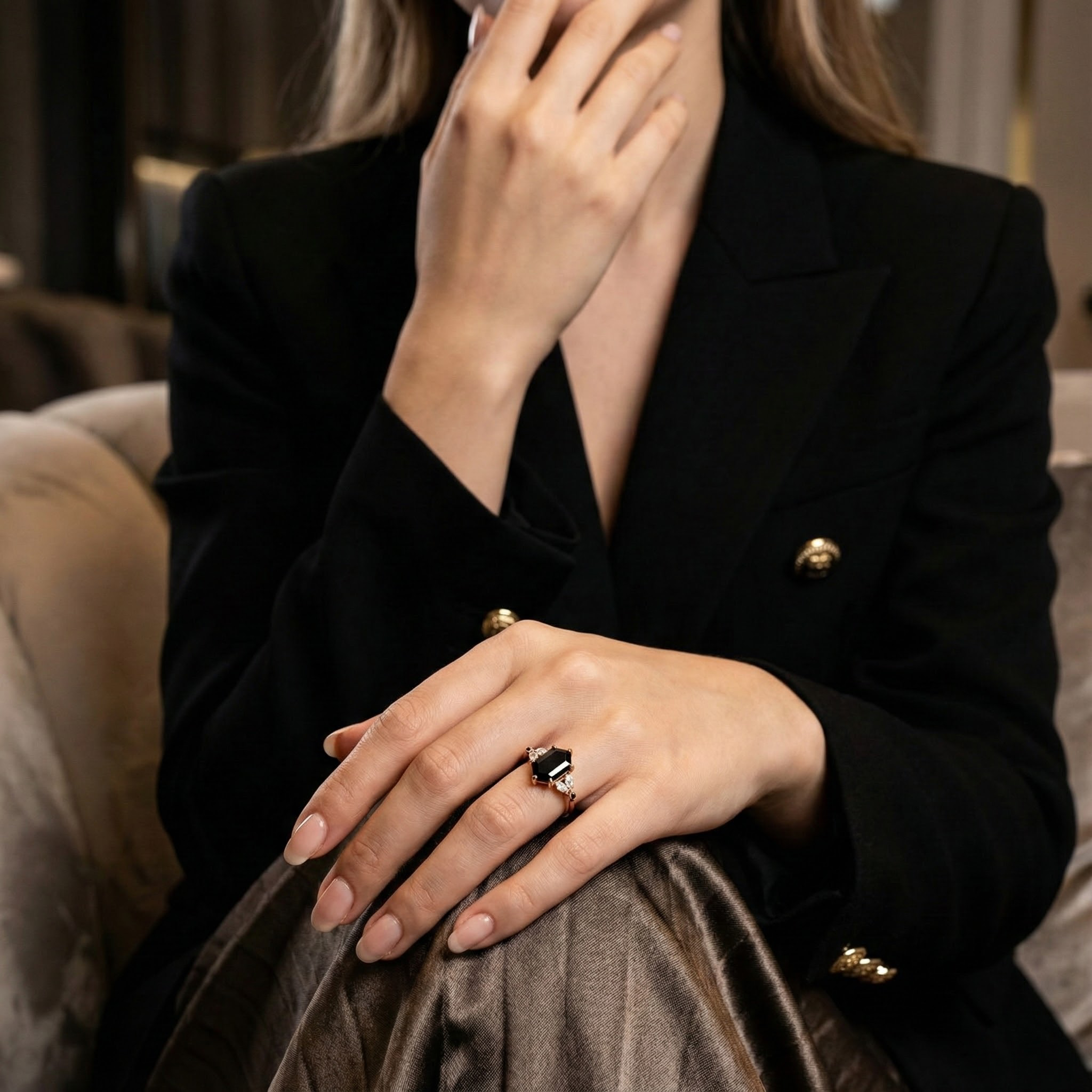 Long Hexagon Onyx Ring for Engagement with Moissanite