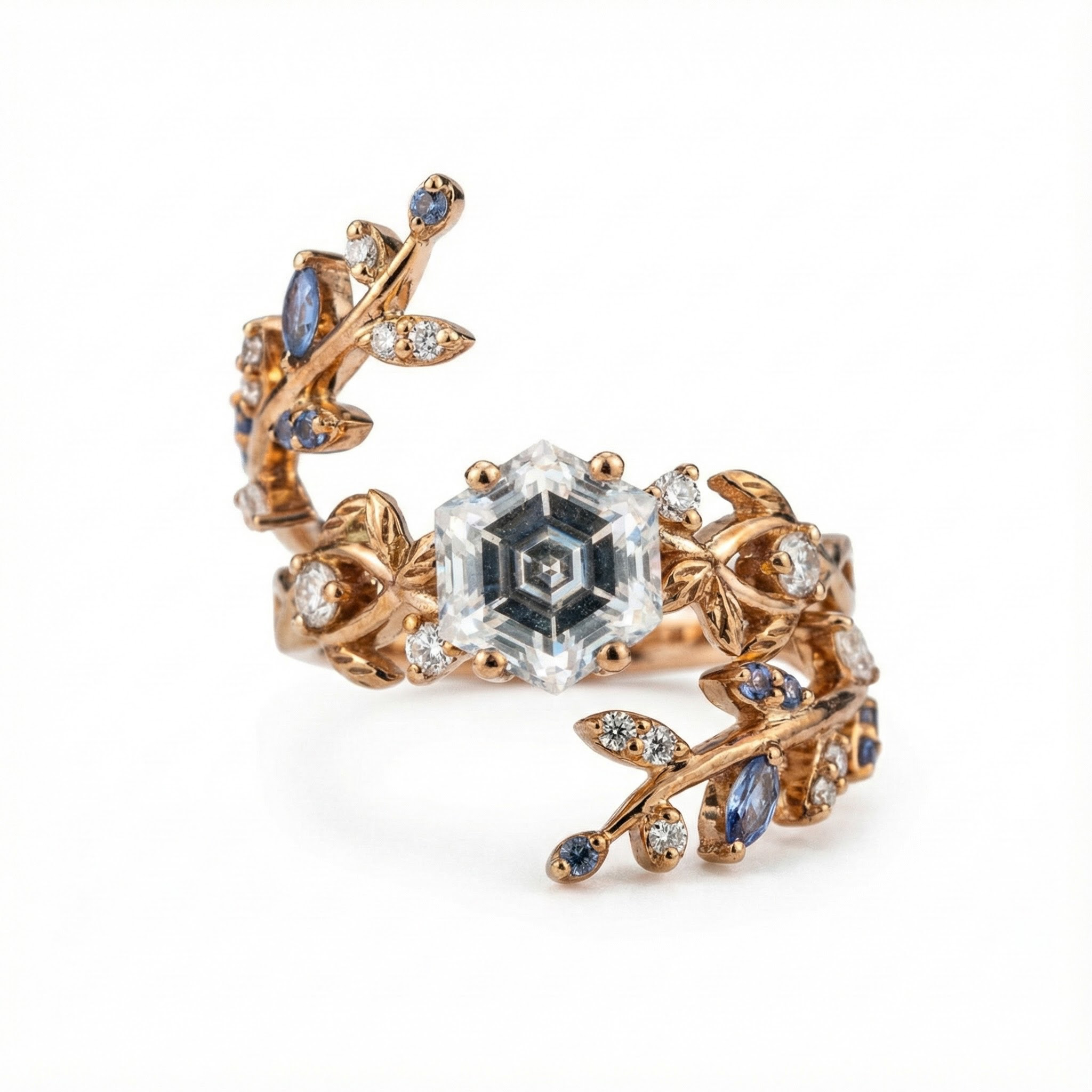 Hexagon Moissanite Engagement Ring Set With Sapphire