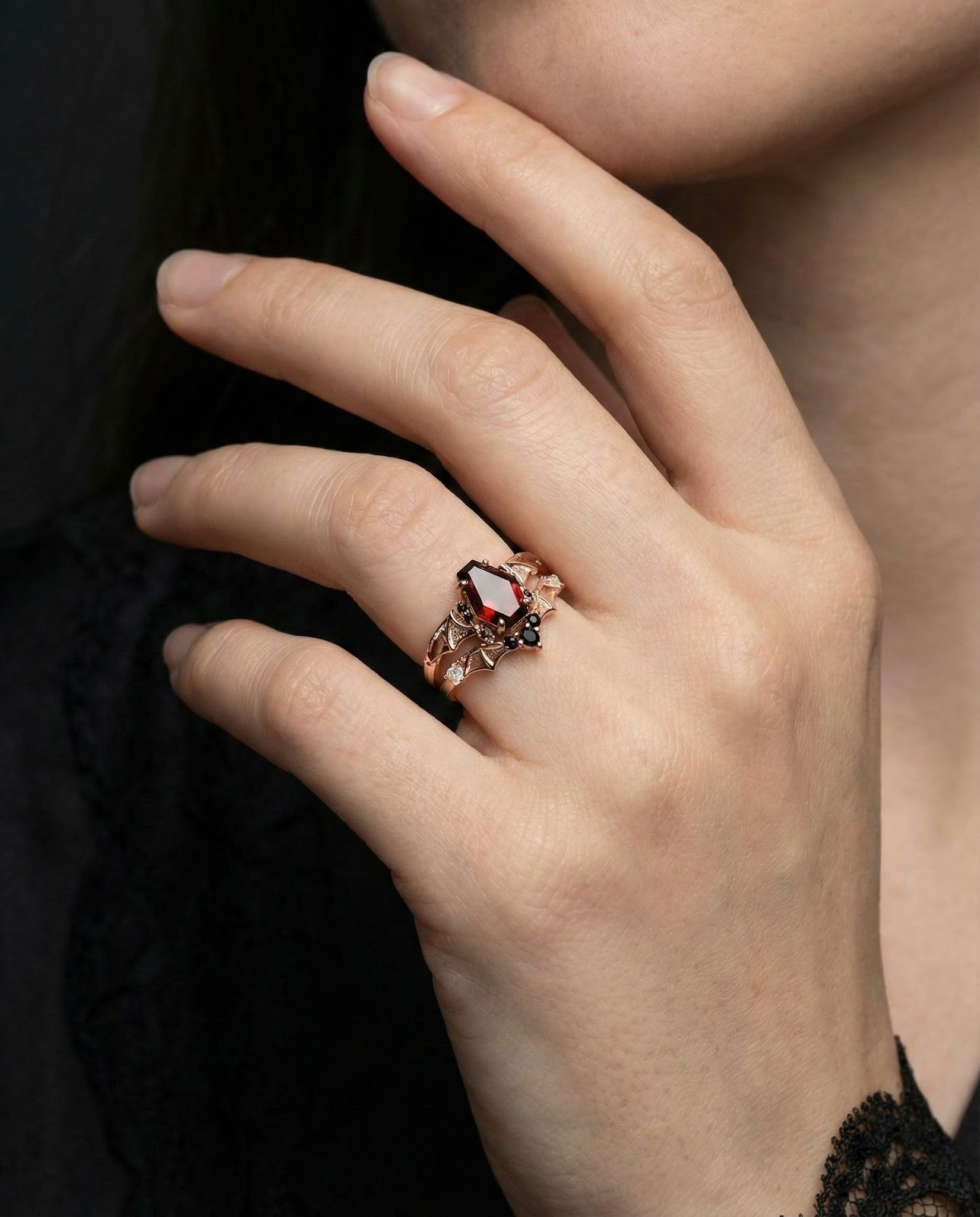 Detailed view of Coffin Garnet Ring Set in Rose Gold