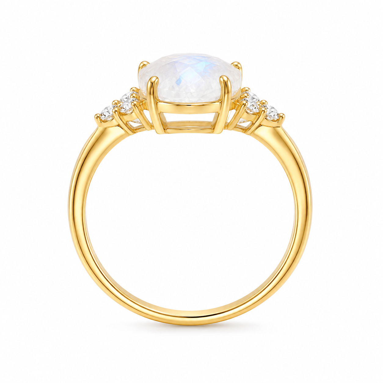 Oval moonstone ring with side stones on white background