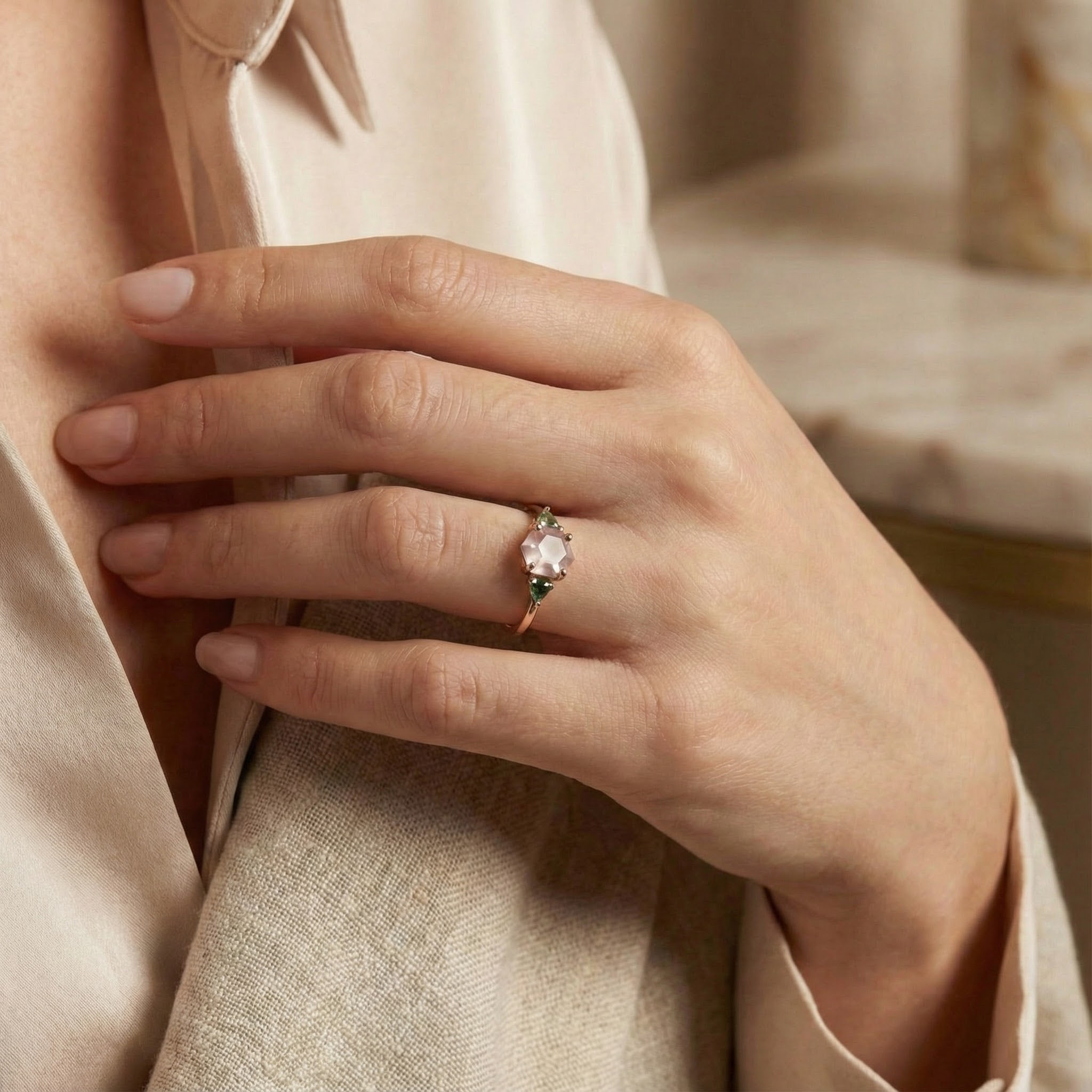 Angled view of Hexagon Rose Quartz Ring in Gold