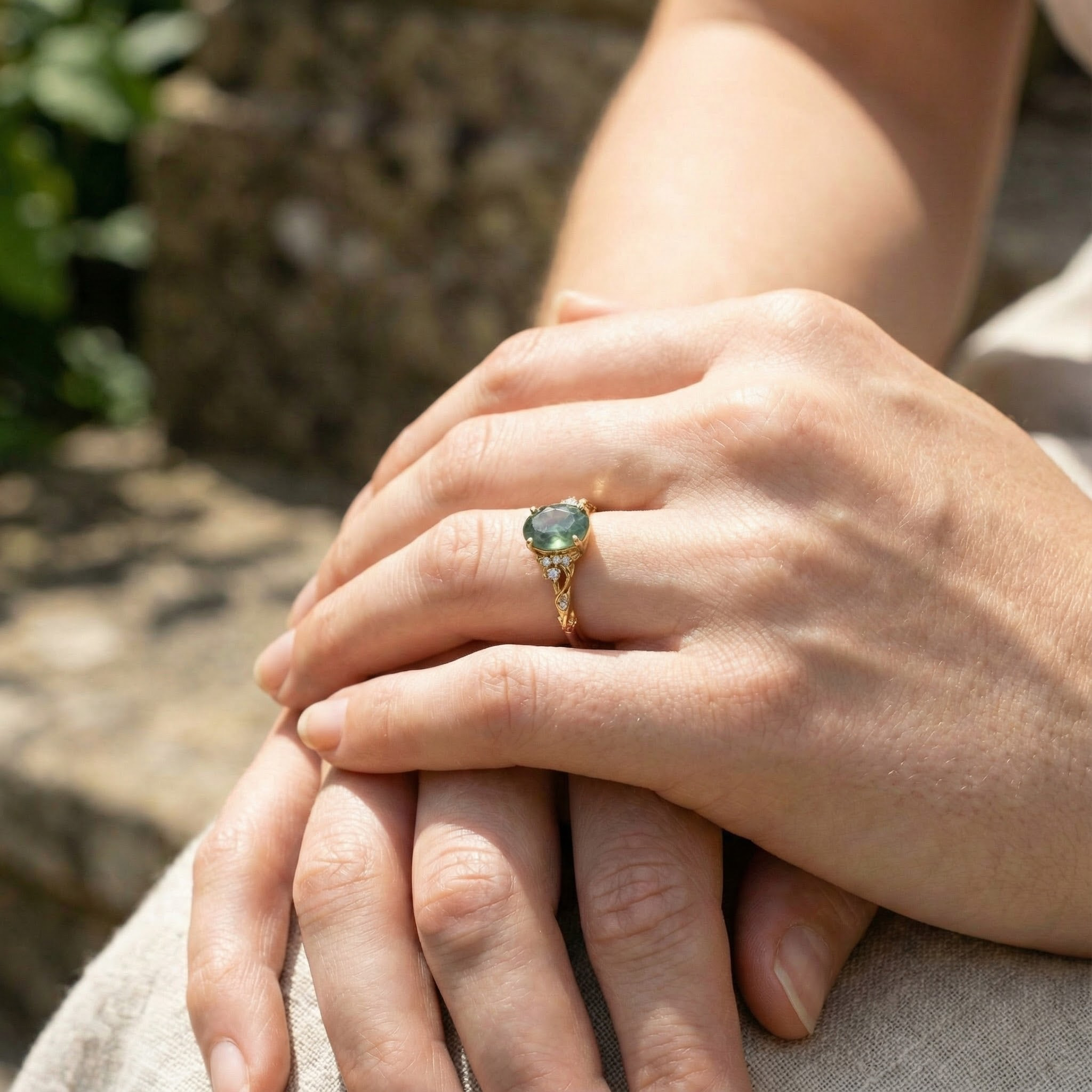 Detailed view of Oval Moss Agate Ring in Gold