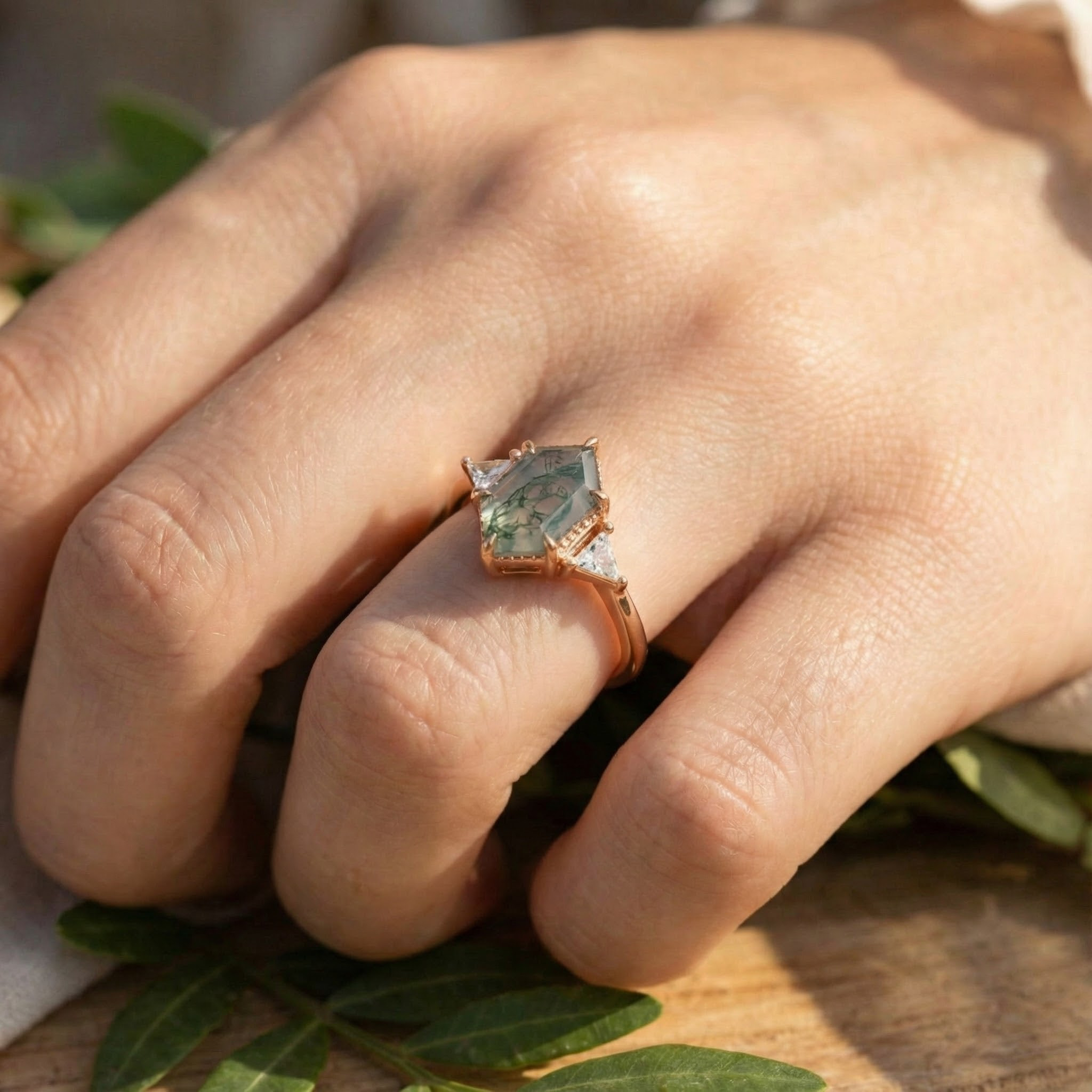 Long Hexagon Moss Agate Three Stone Ring Rose Gold Wedding Agate Engagement Ring