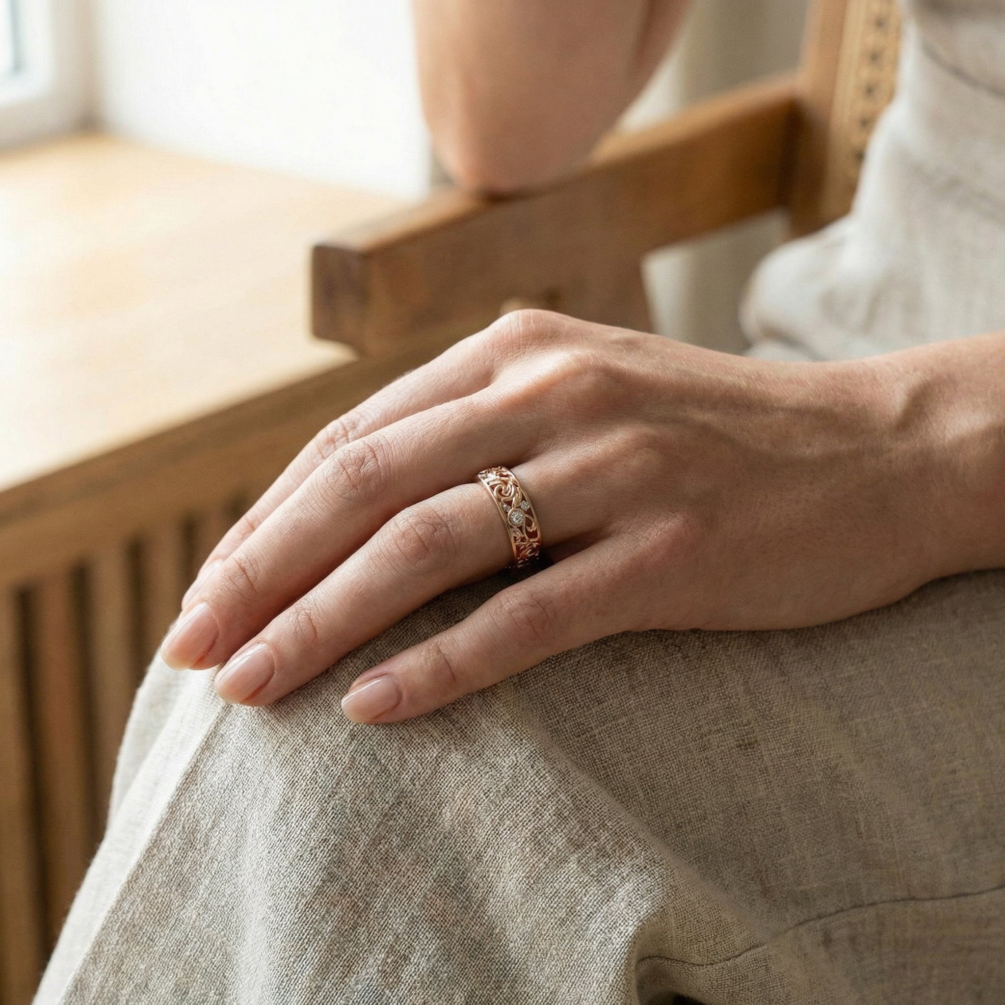Detailed view of Moissanite Wedding Band in Rose Gold