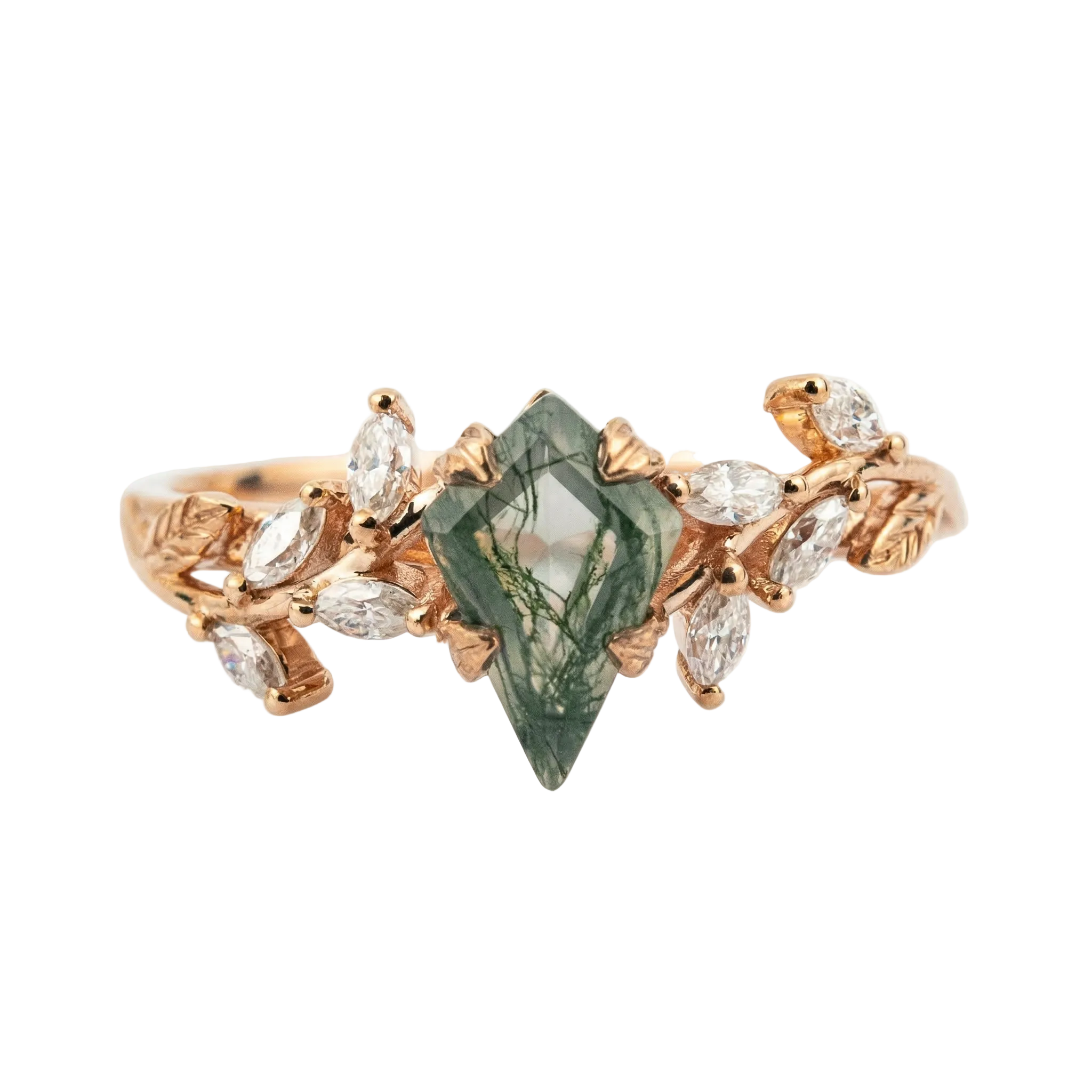 Nature Inspired Kite Shape Moss Agate with Leaf Texture Ring