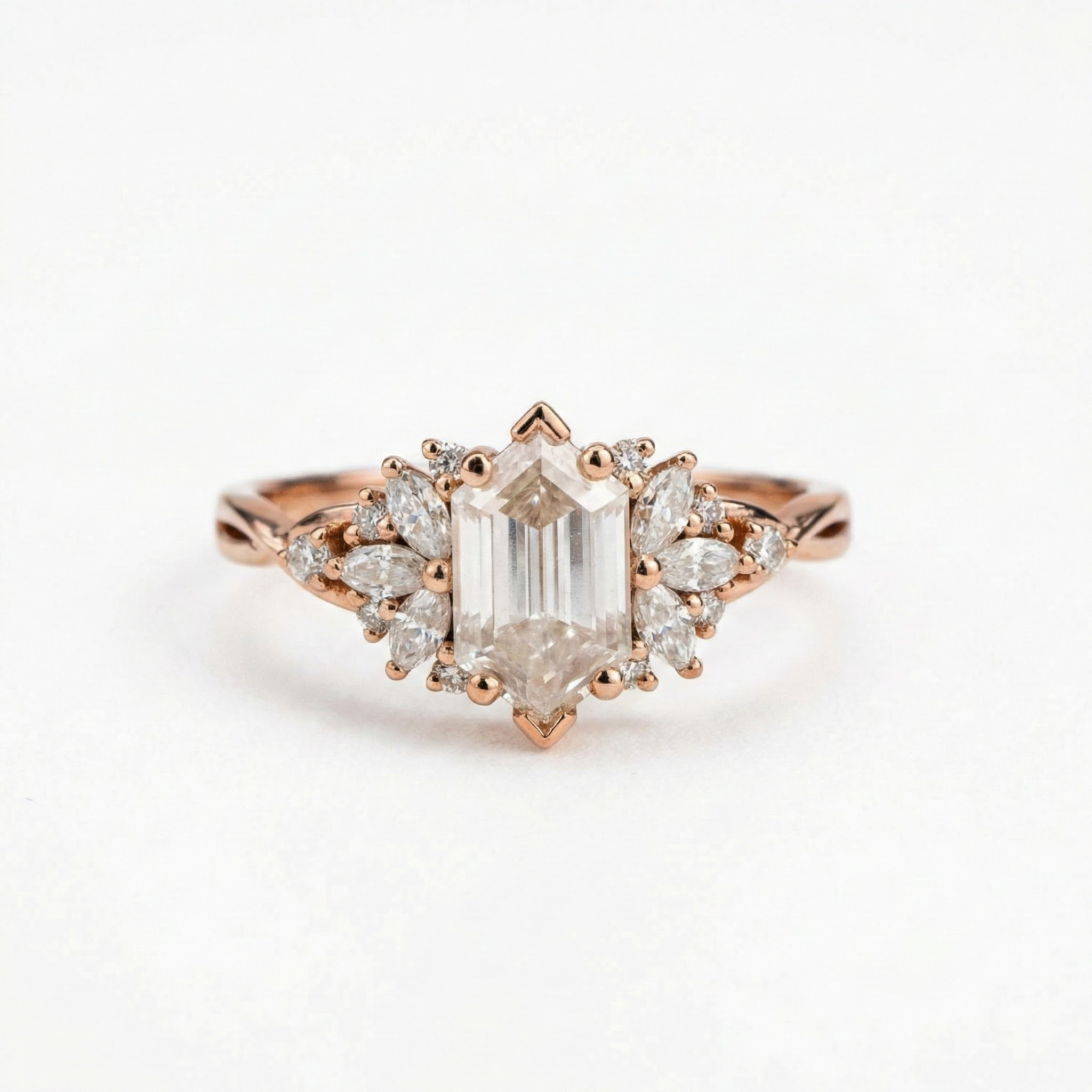 Long Hexagon Moissanite Flower Cluster Engagement Gold Ring