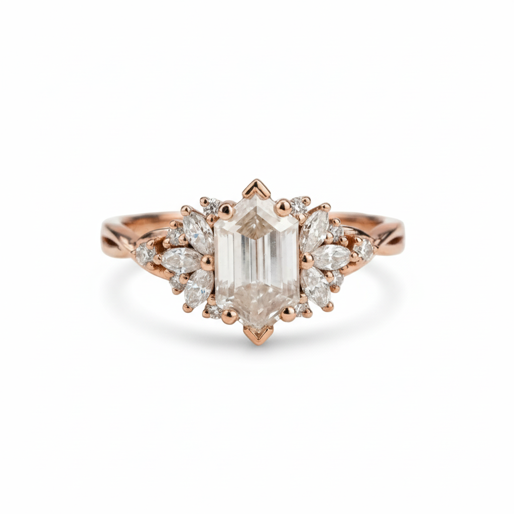 Front view of Long Hexagon Moissanite Engagement Ring in Rose Gold