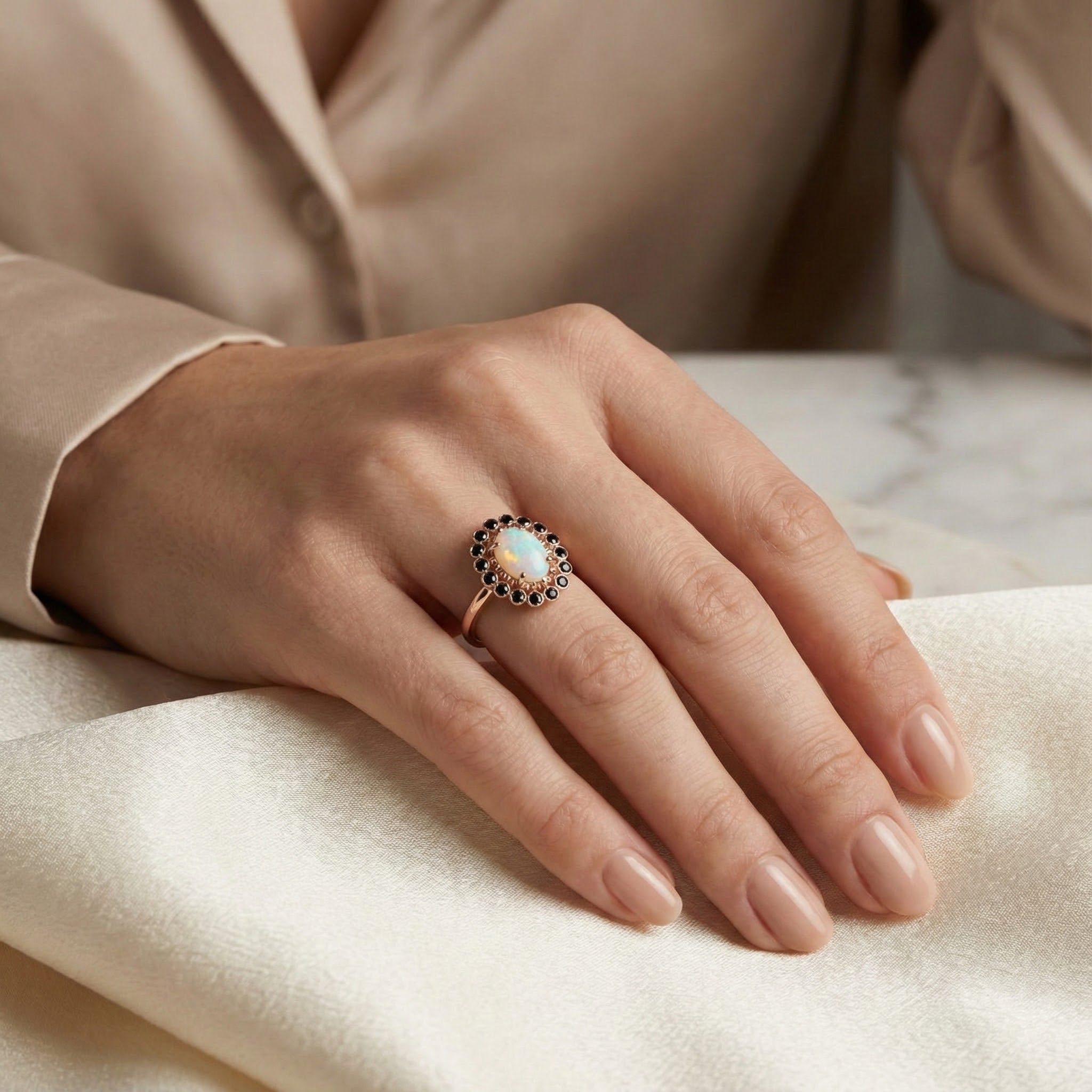 Oval Nature Opal with Black Onyx Rose Gold Unique Ring Opal Engagement Ring