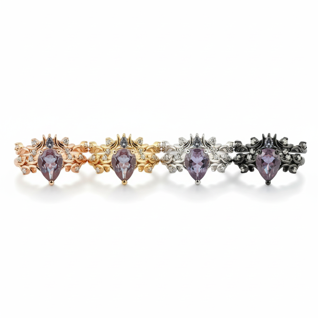 Lifestyle view of Pear Alexandrite Ring Set in Gold