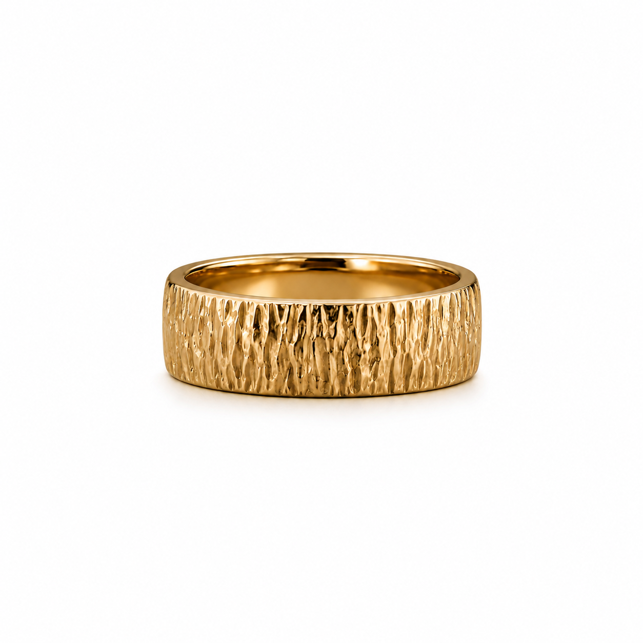 14K gold textured men’s wedding band with hammered finish on white background