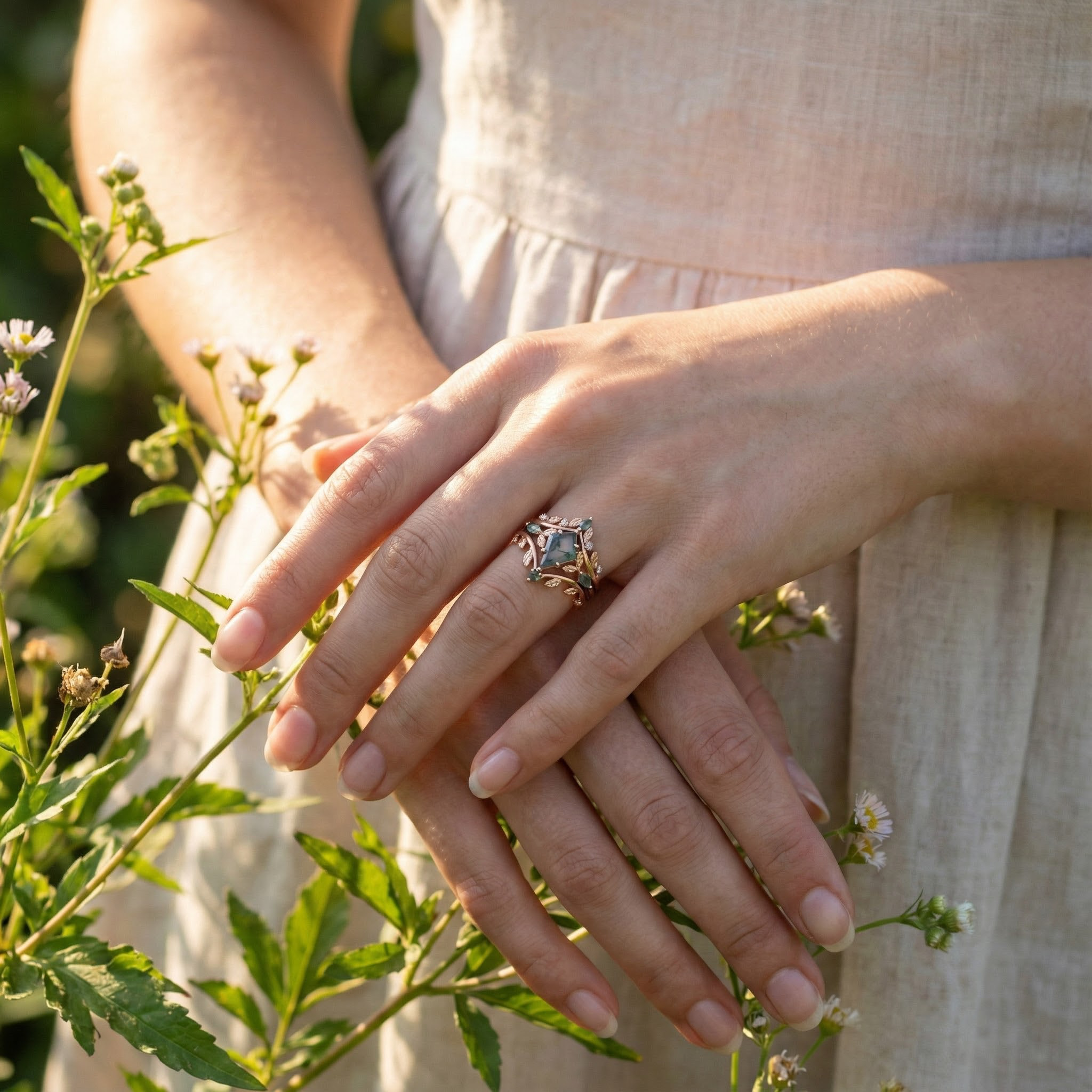 Kite Moss Agate With Moissanite/Diamond Engagement Wedding Ring Set