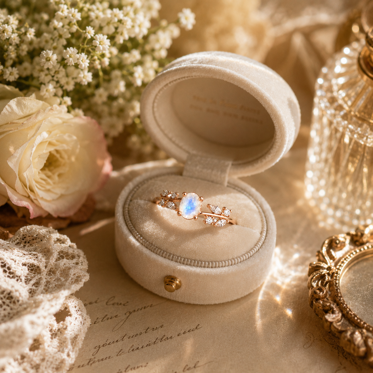 Rose gold moonstone ring with leaf side stones