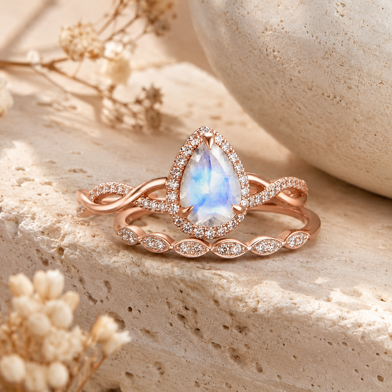 pear-moonstone-bridal-set-twisted-moissanite-band