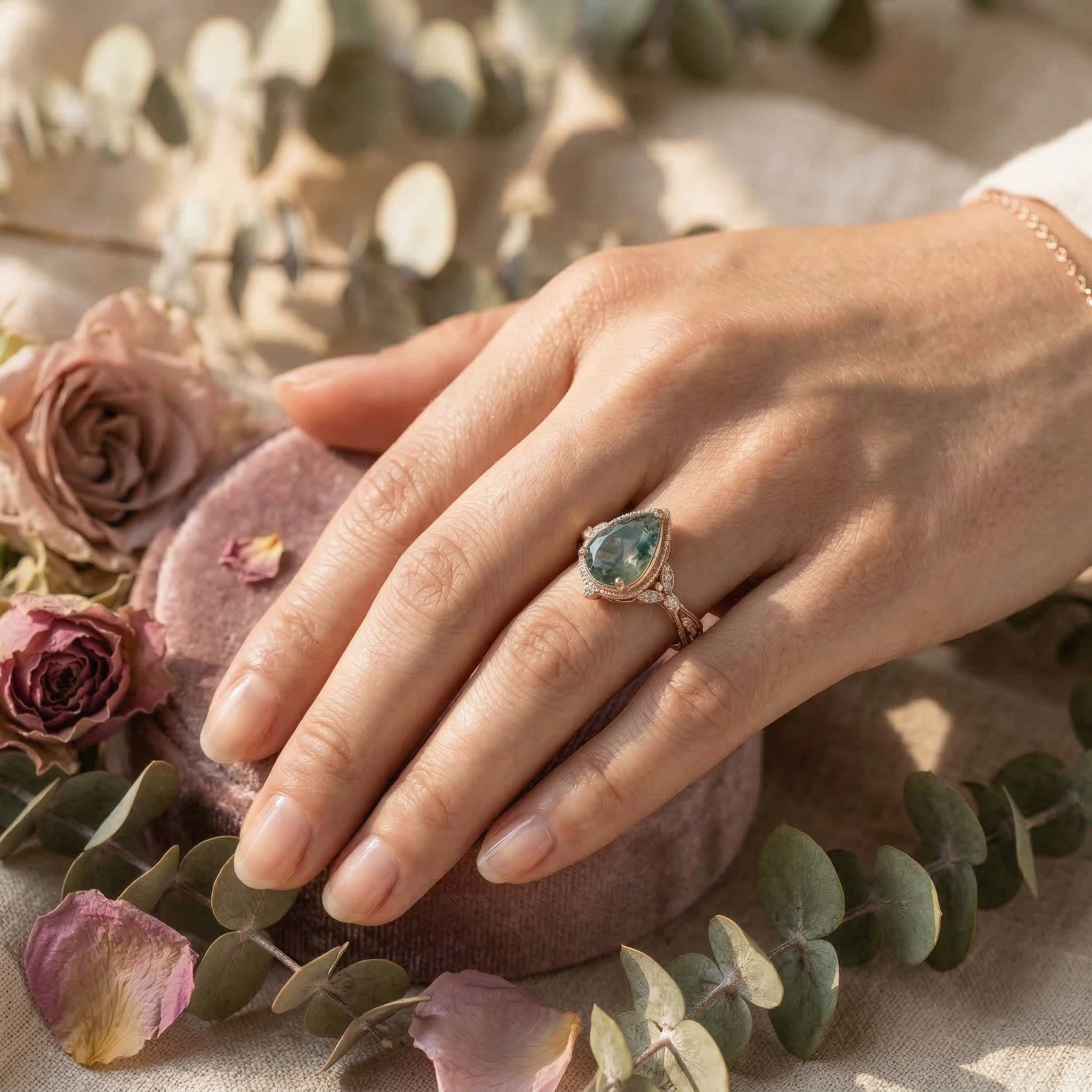 Angled view of Pear Moss Agate Engagement Ring in Rose Gold