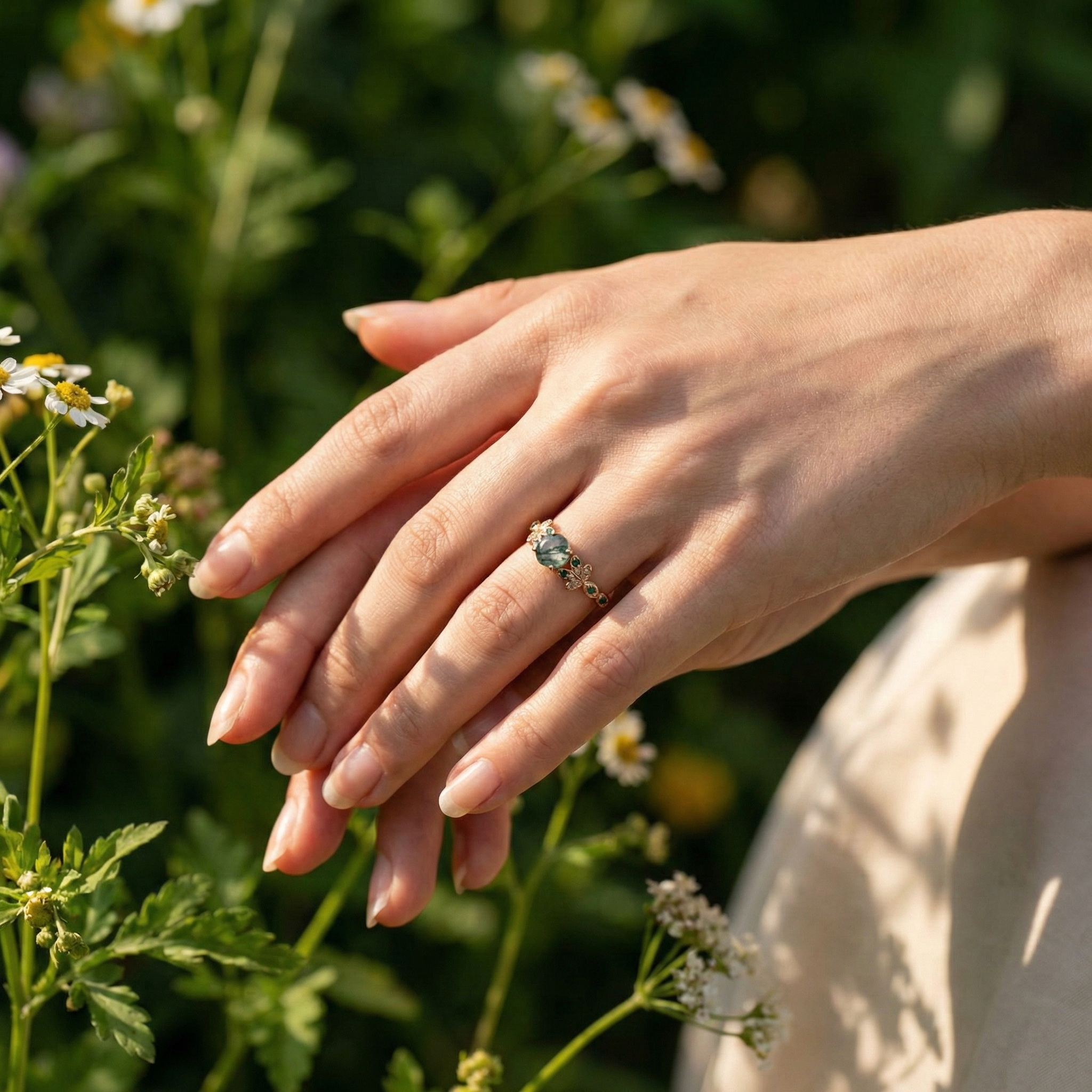 Angled view of Round Moss Agate Ring in Rose Gold