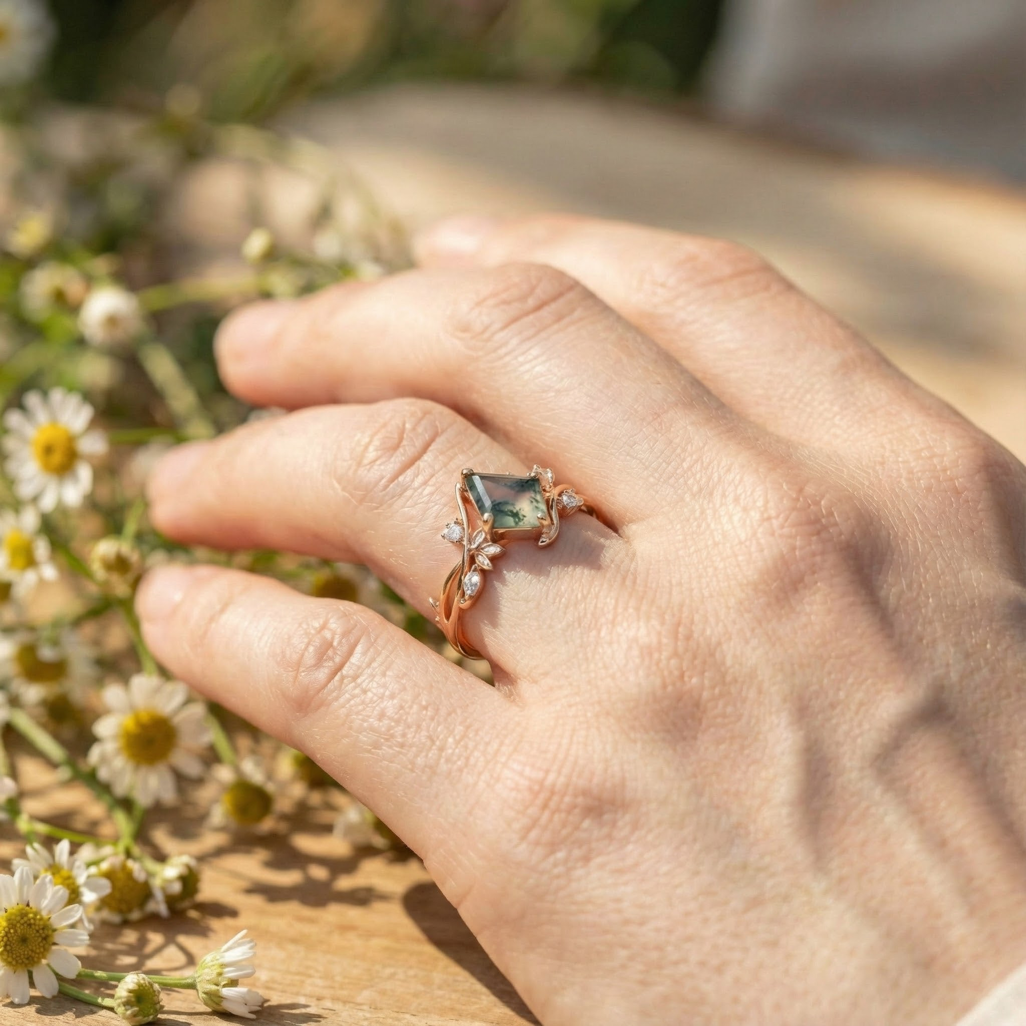 Detailed view of Kite Cut Moss Agate Engagement Ring in Gold