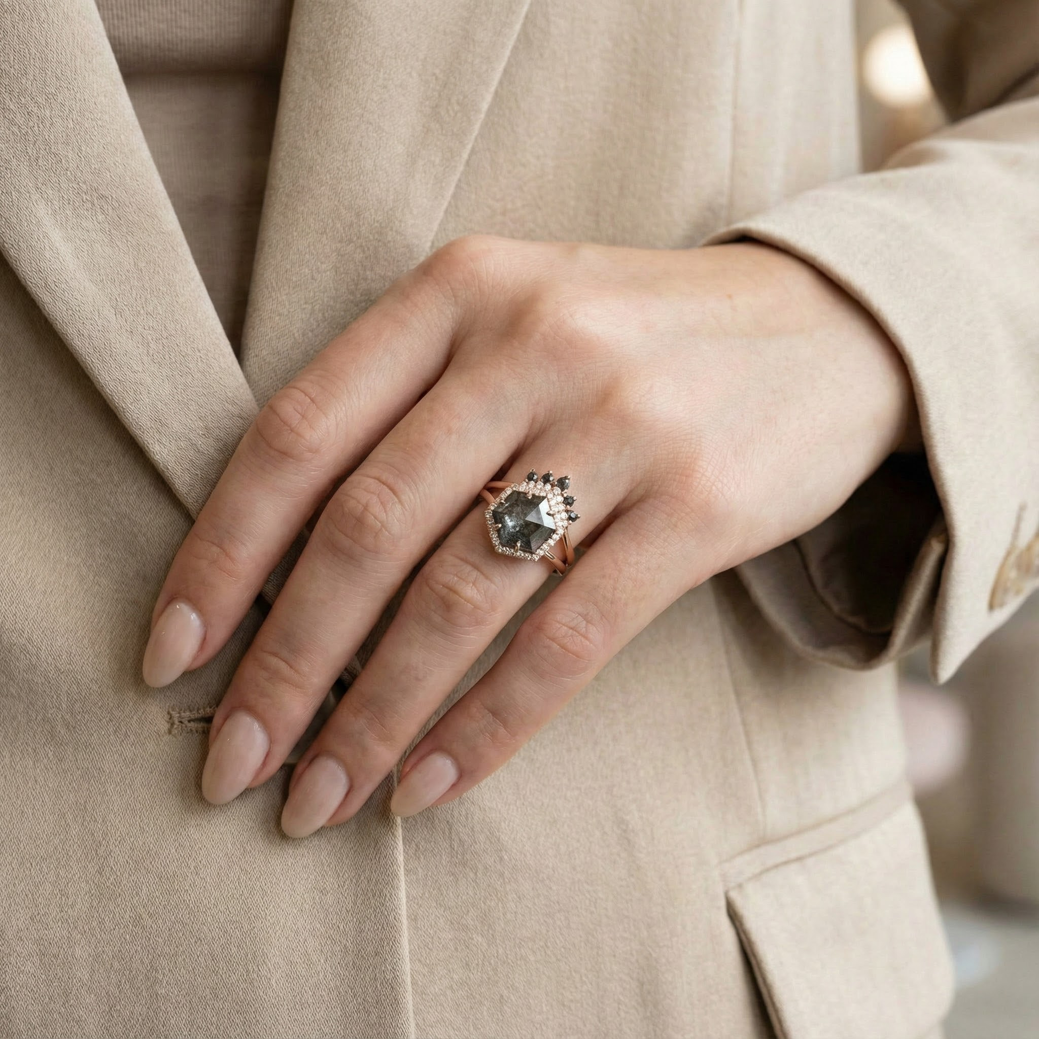 2 Carat Hexagonal Salt and Pepper Diamond Wedding Ring Set