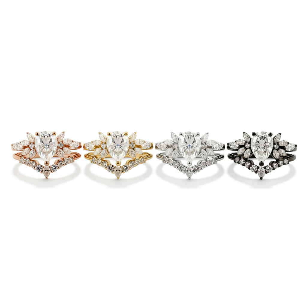 Lifestyle view of Pear Moissanite Ring Set in Gold