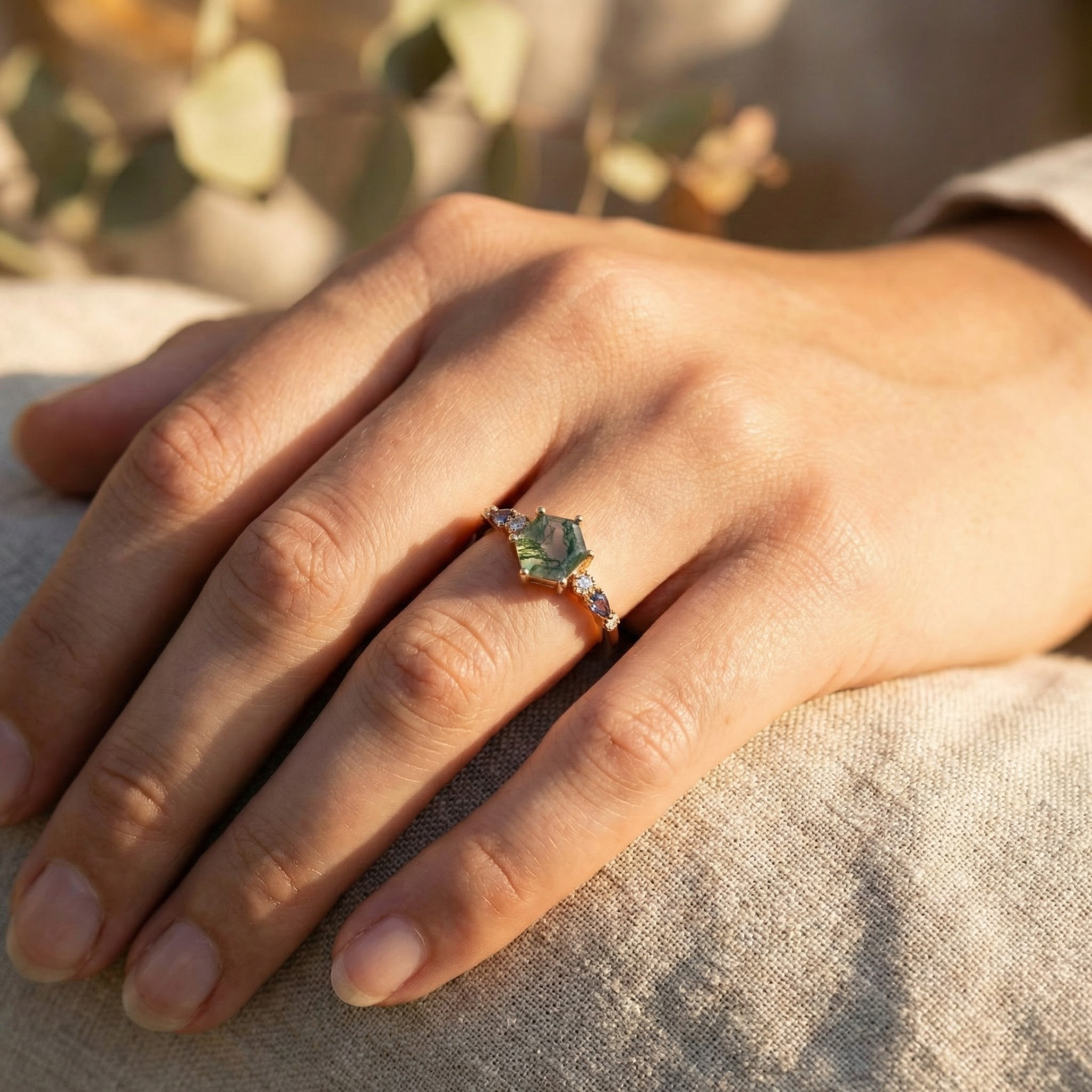 Detailed view of Hexagon Moss Agate Engagement Ring in Gold