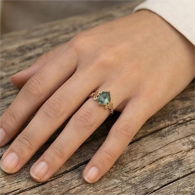 Unique Hexagonal Moss Agate and Black Onyx Rose Gold Ring Moss Agate Engagement Ring