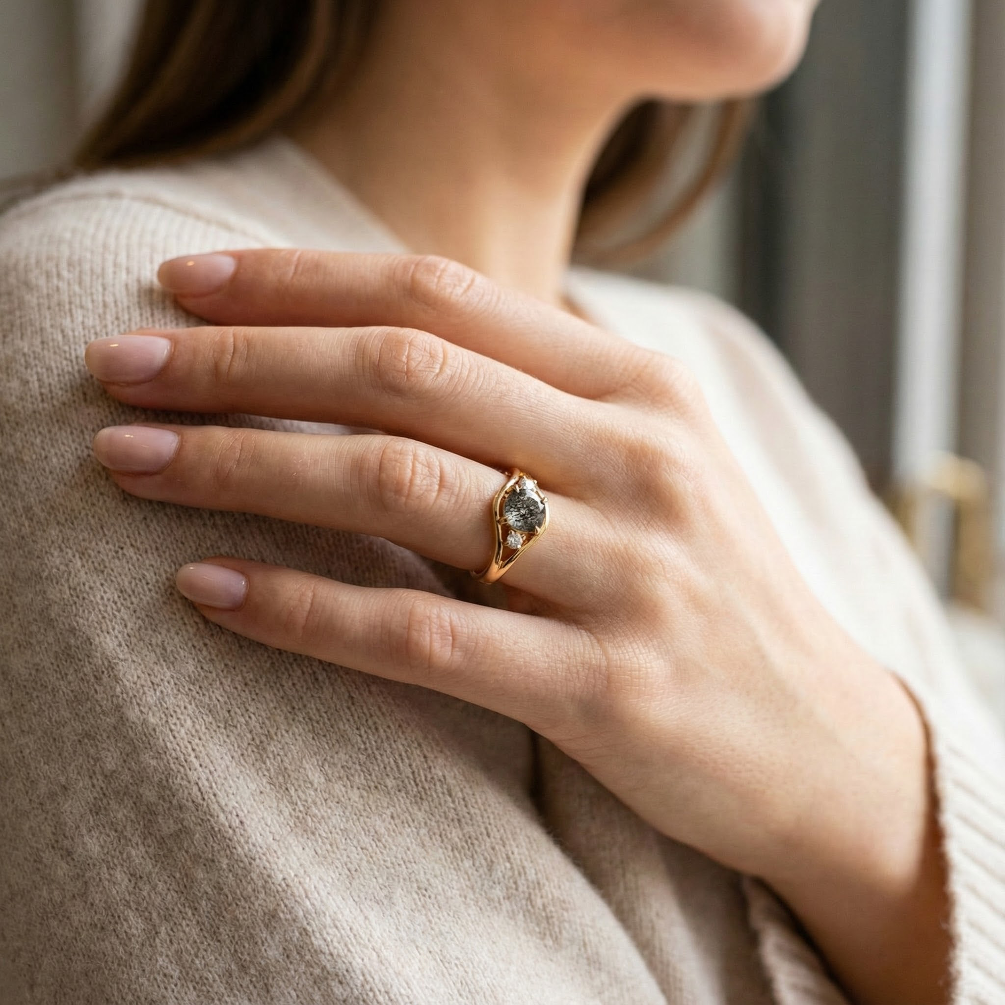 Three Stone - Black Rutilated Quartz Moissanite Personalized Ring Unique Engagement Ring
