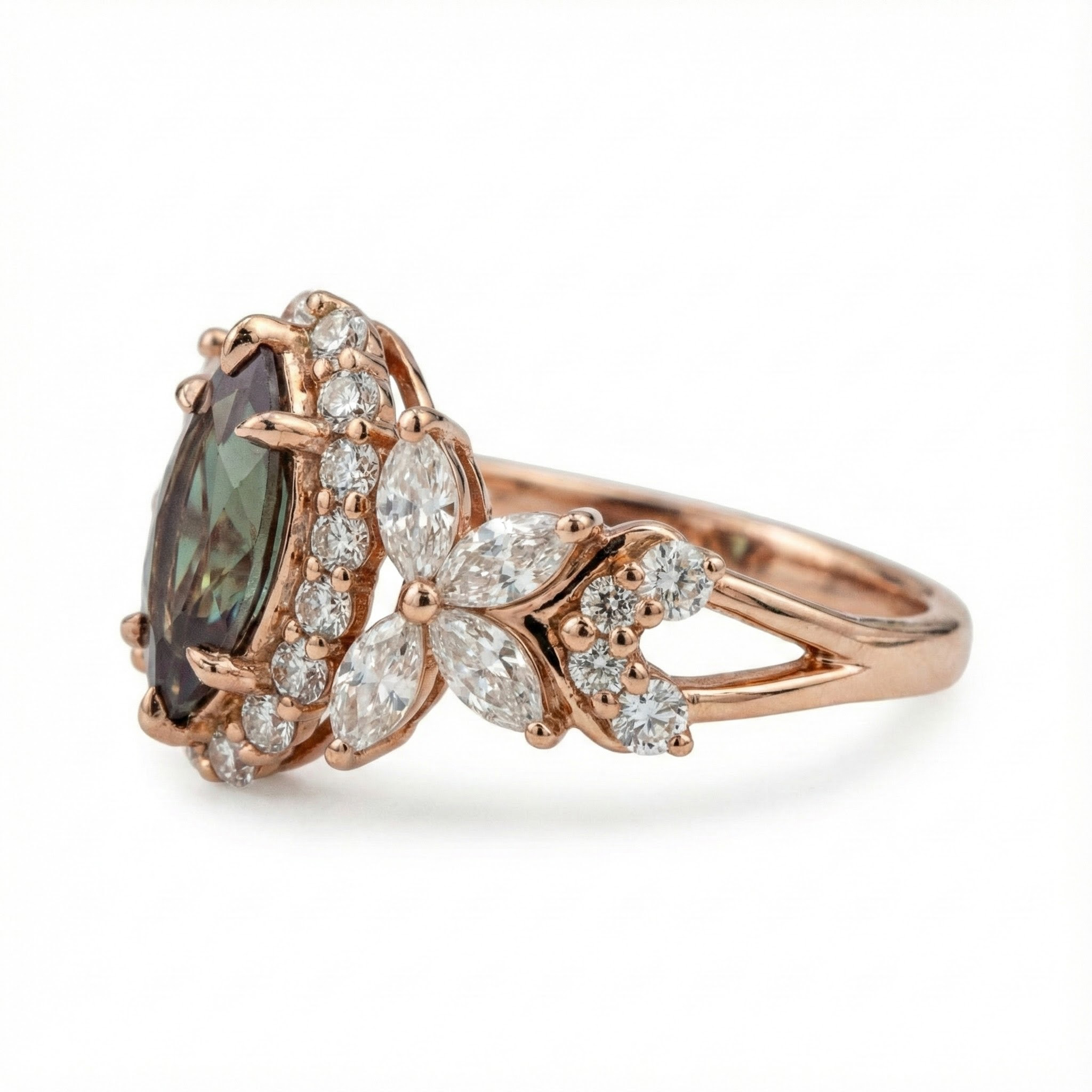 Luxurious Marquise Lab Alexandrite with Moissanite Gold Ring