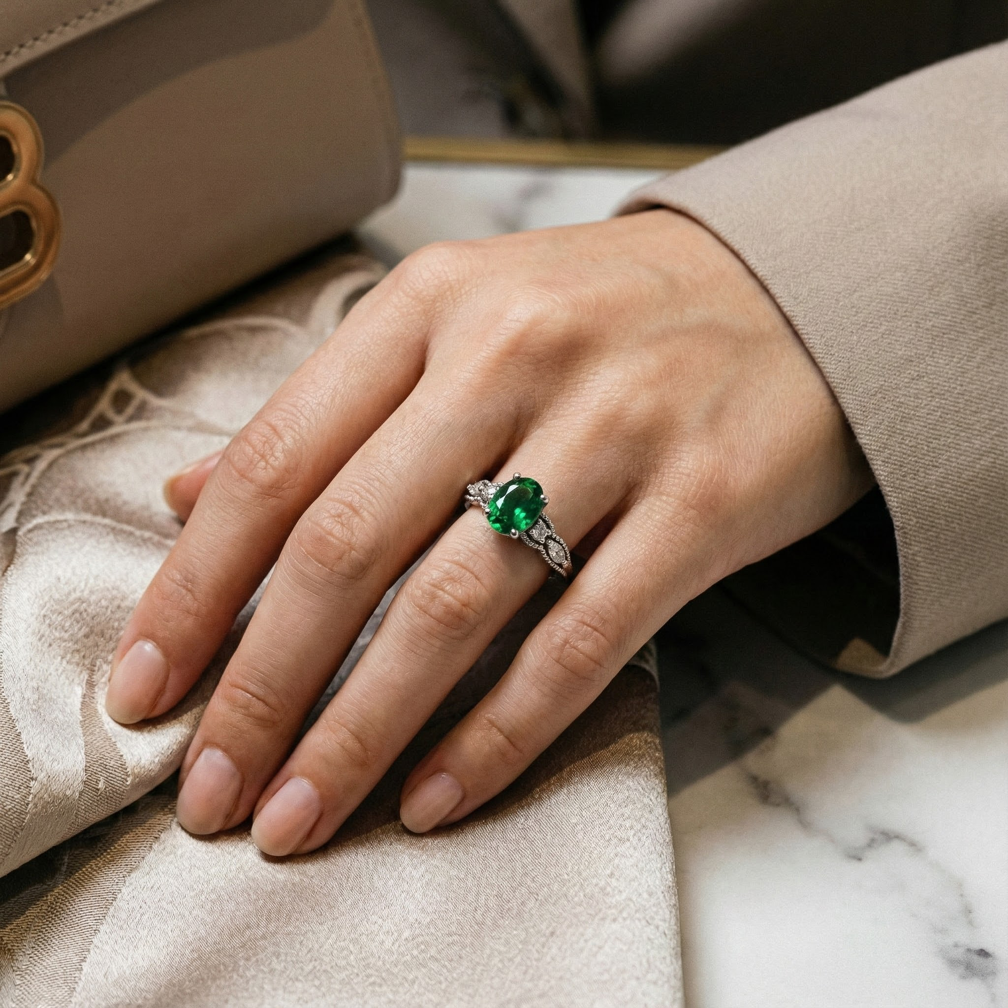 Shimmering Oval Emerald Ring in White Gold - Luxury Jewelry