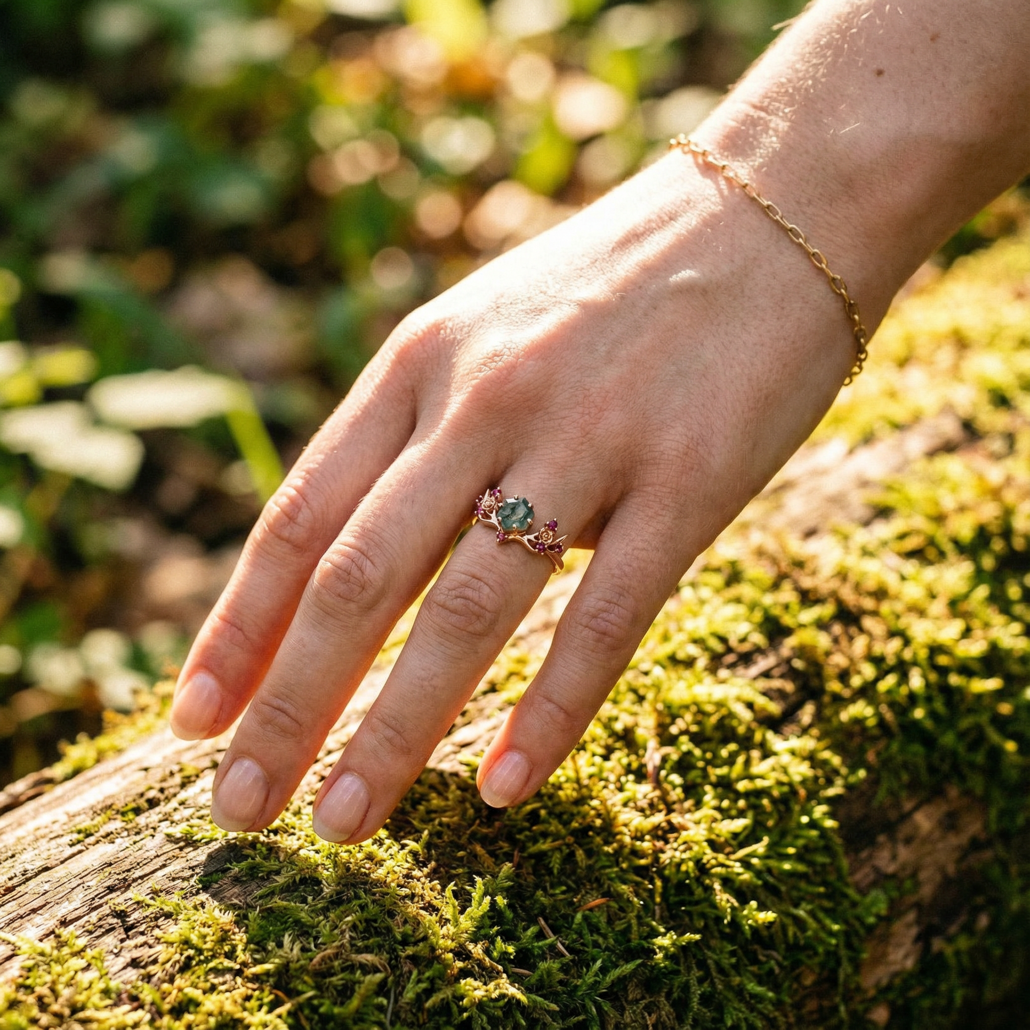 Botanical Elegance - Hexagonal Moss Agate and Garnet Leaf Ring