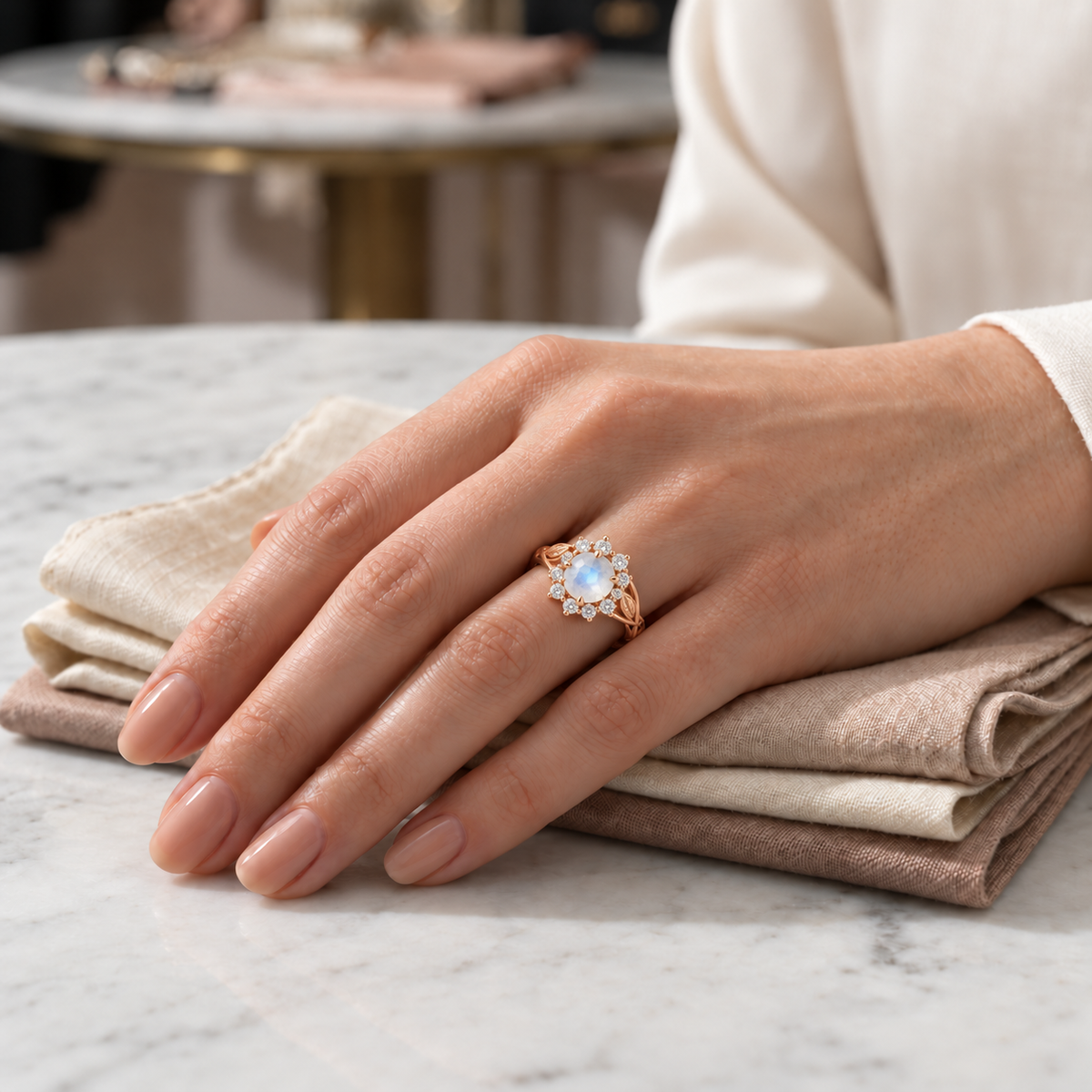 6mm round moonstone halo ring in rose gold with moissanite accents