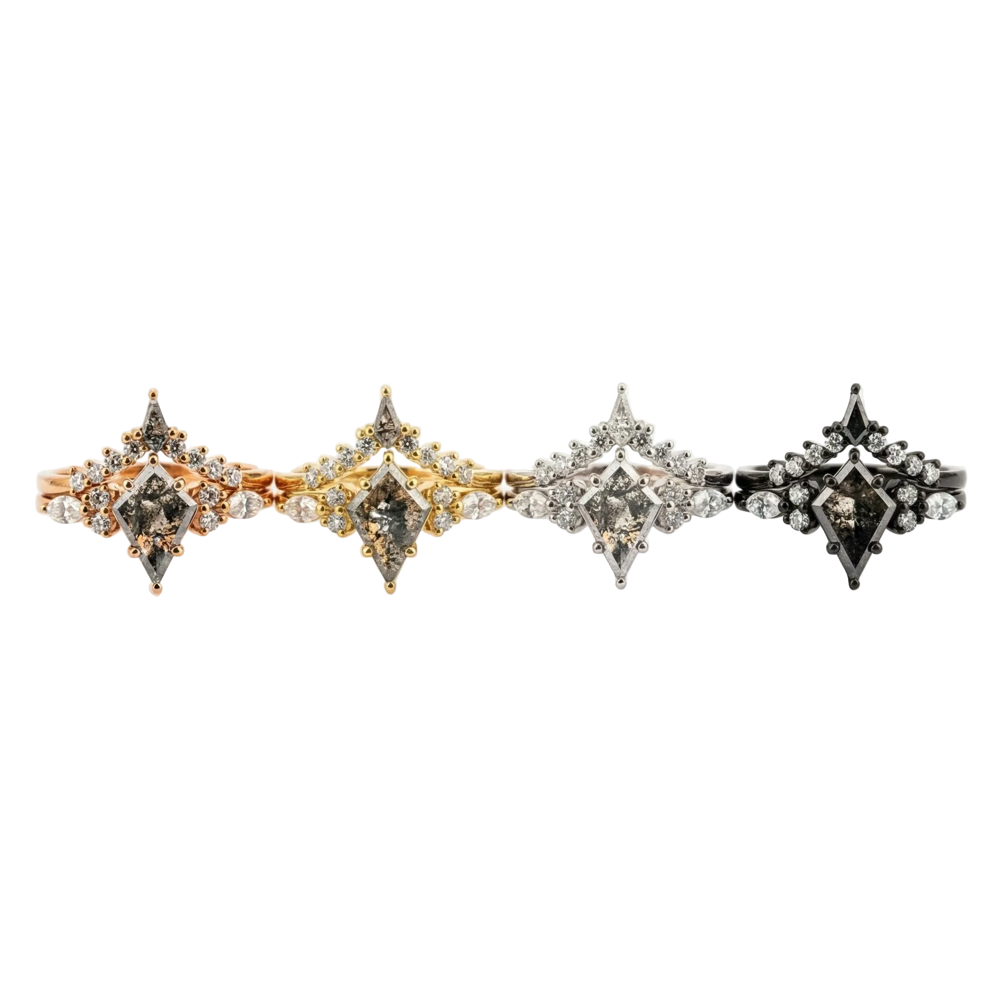 Lifestyle view of Kite Cut Salt and Pepper Diamond Ring Set in Gold