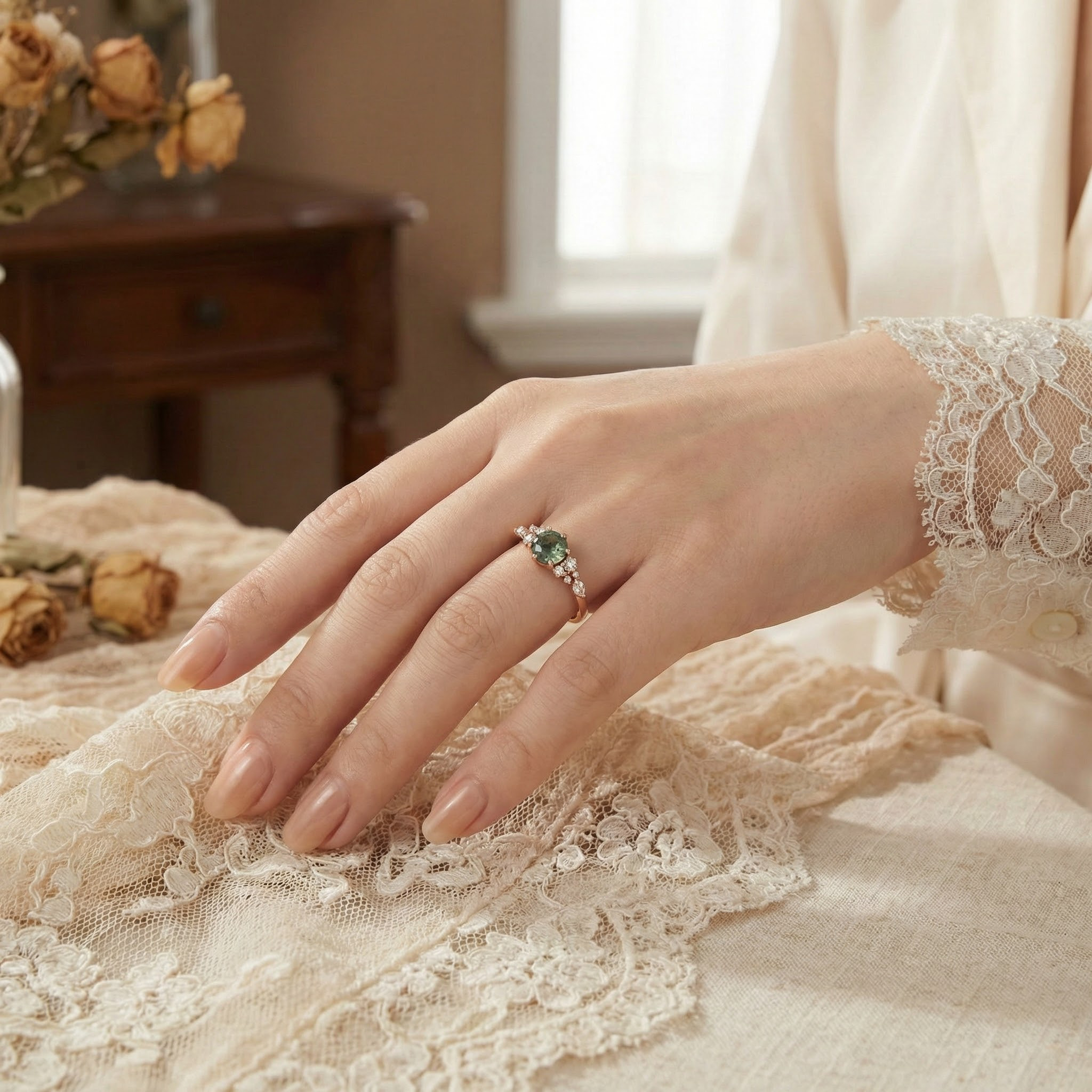 Detailed view of Round Moss Agate Ring in Gold