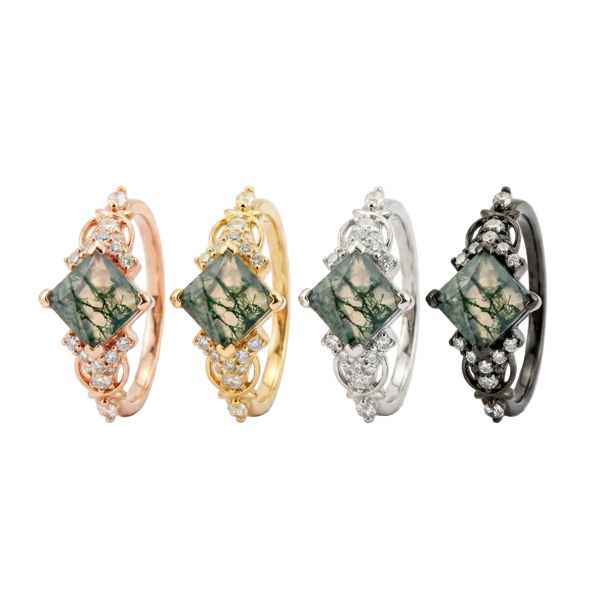 Lifestyle view of Princess Cut Moss Agate Engagement Ring in Rose Gold