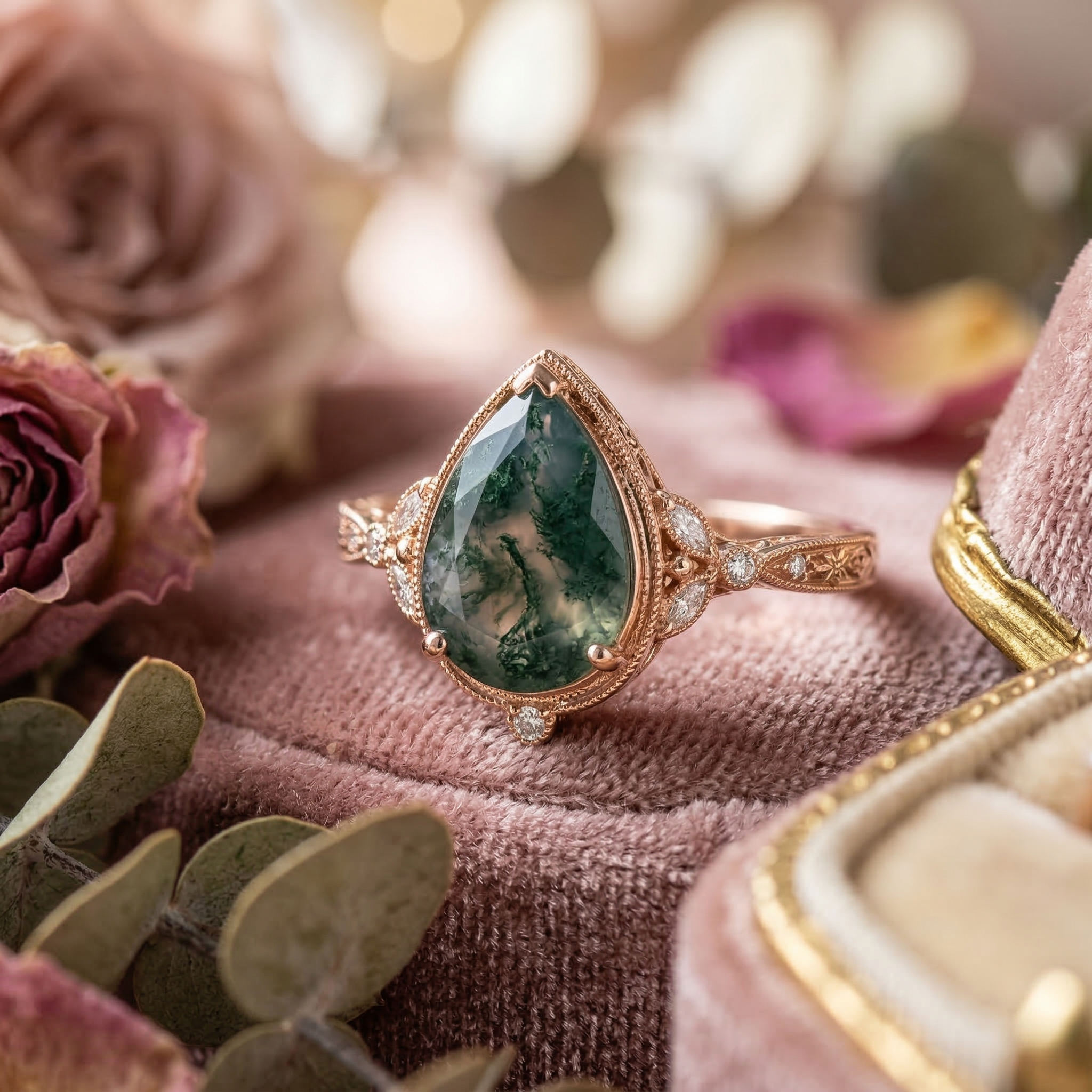 Lifestyle view of Pear Moss Agate Engagement Ring in Rose Gold