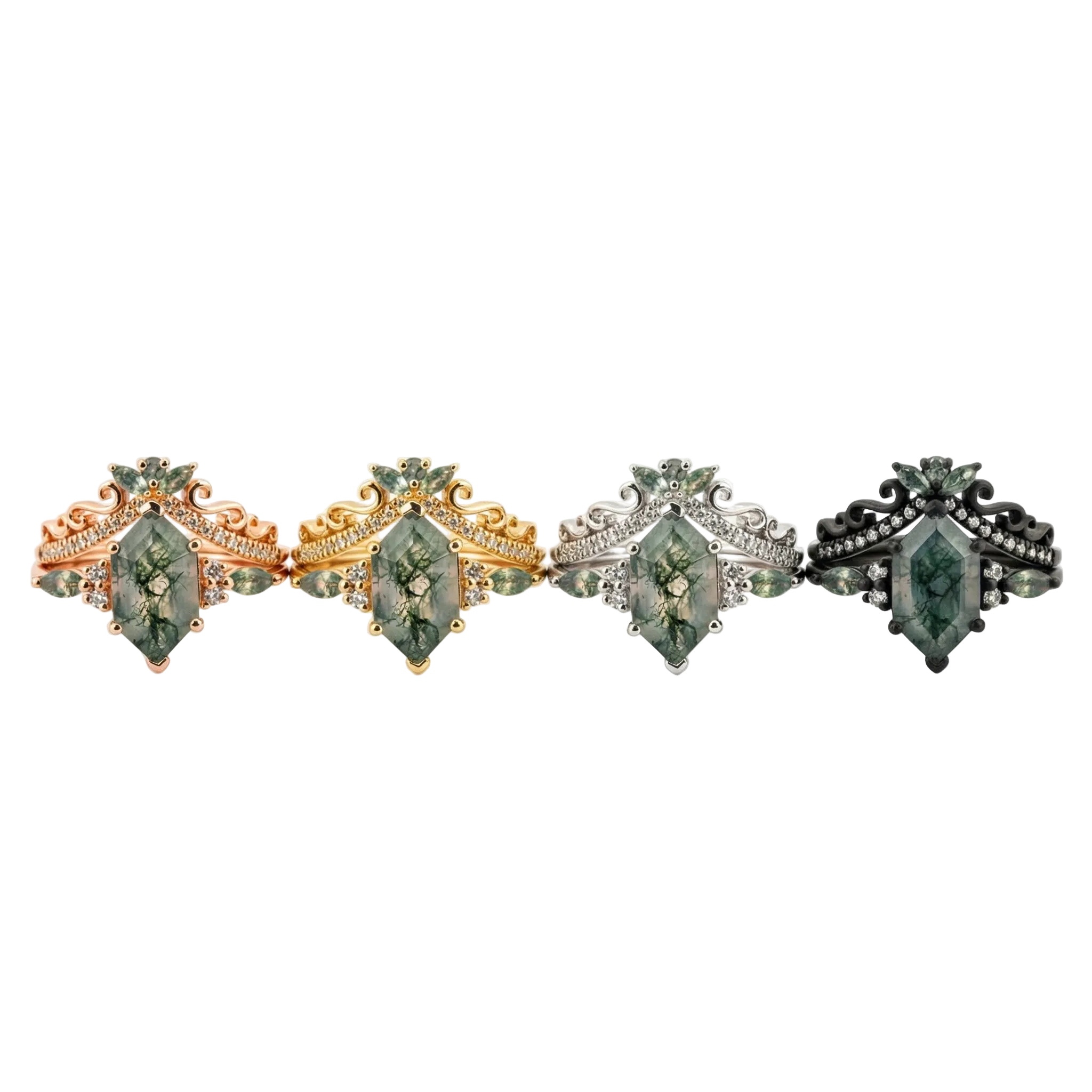 Lifestyle view of Hexagon Moss Agate Ring Set in Gold
