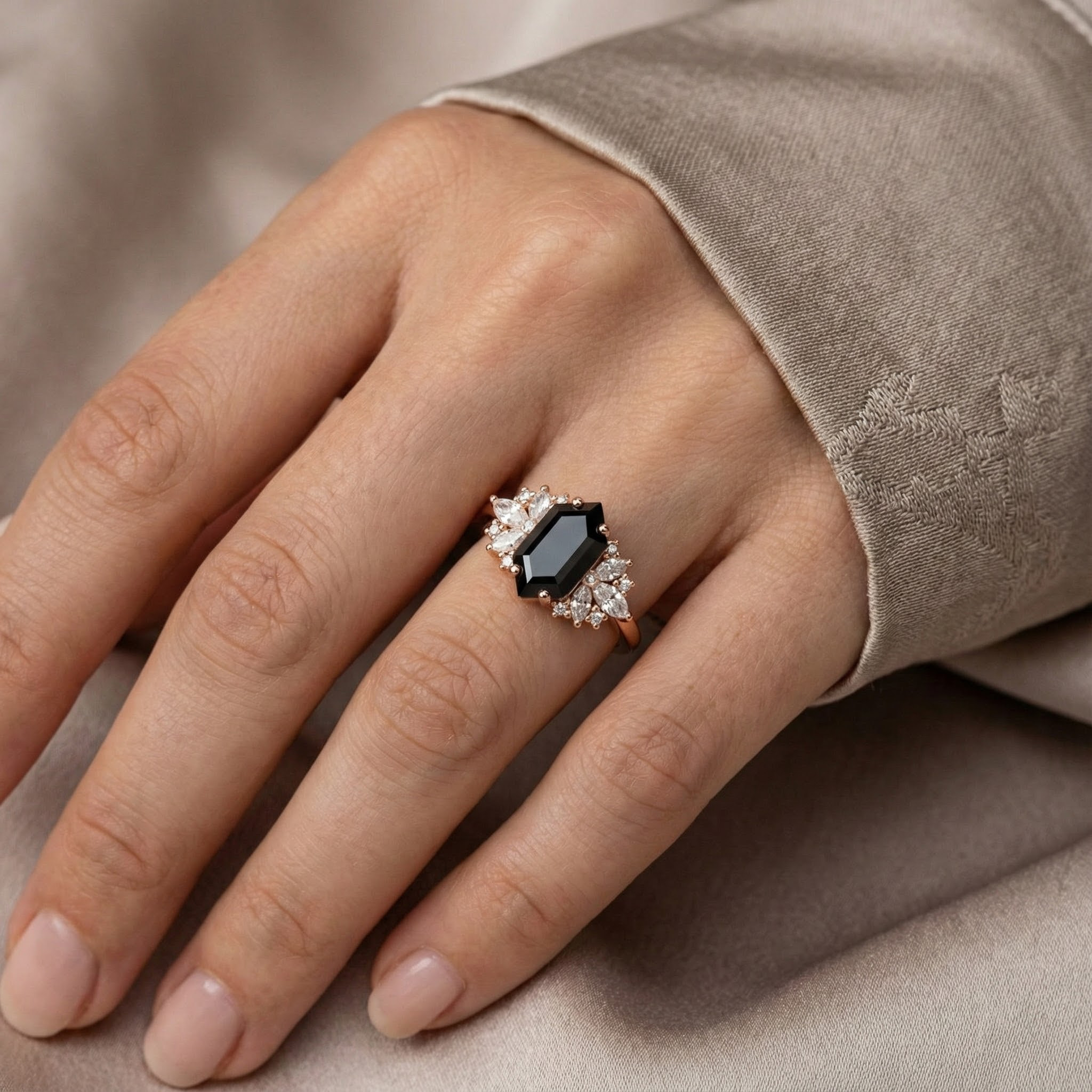 Long Hexagon Black Onyx Ring with Moissanite - Unique Engagement Ring