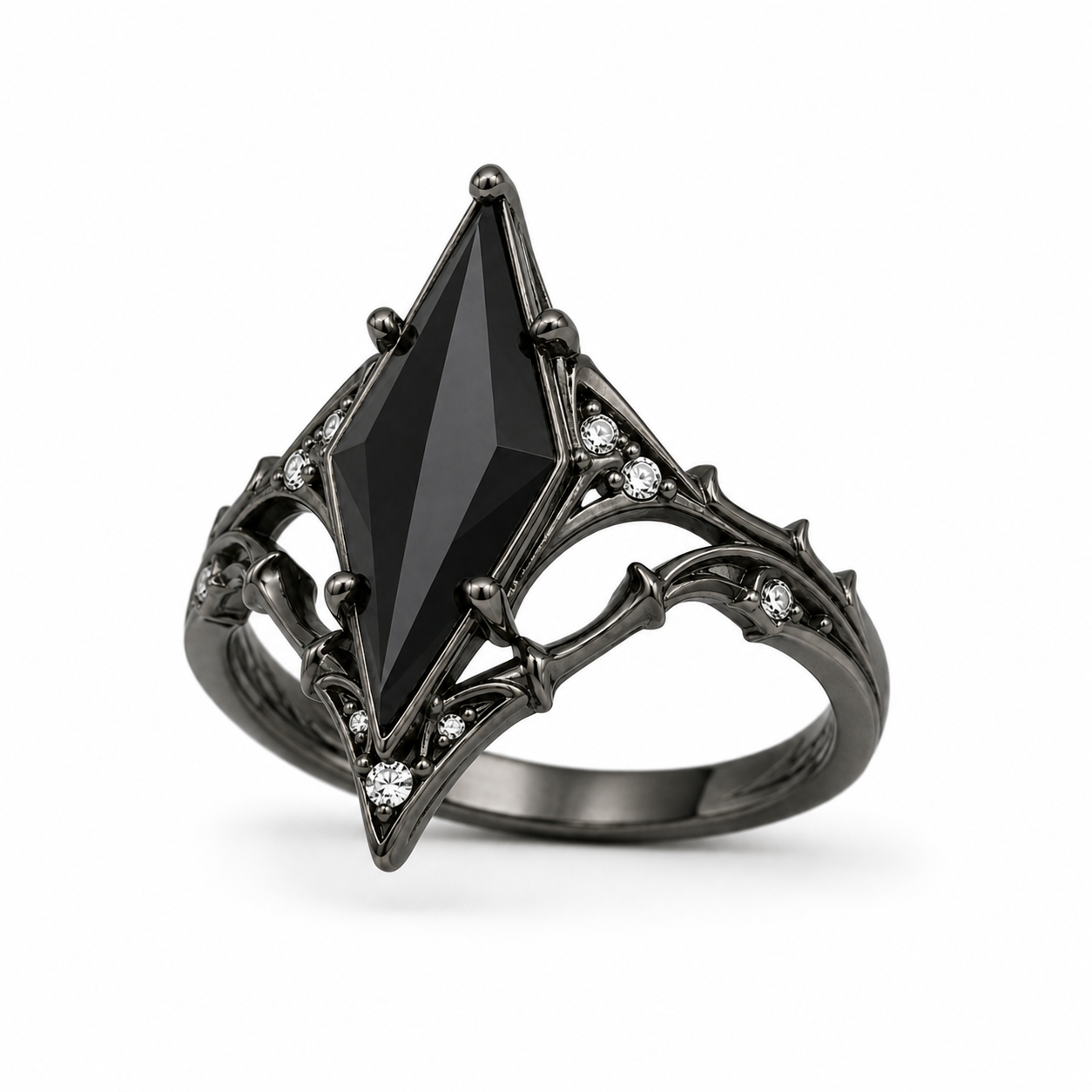 Kite Black Onyx Gothic Engagement Ring with Moissanite