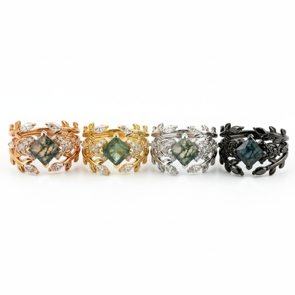 Exquisite princess moss agate ring with luxurious design
