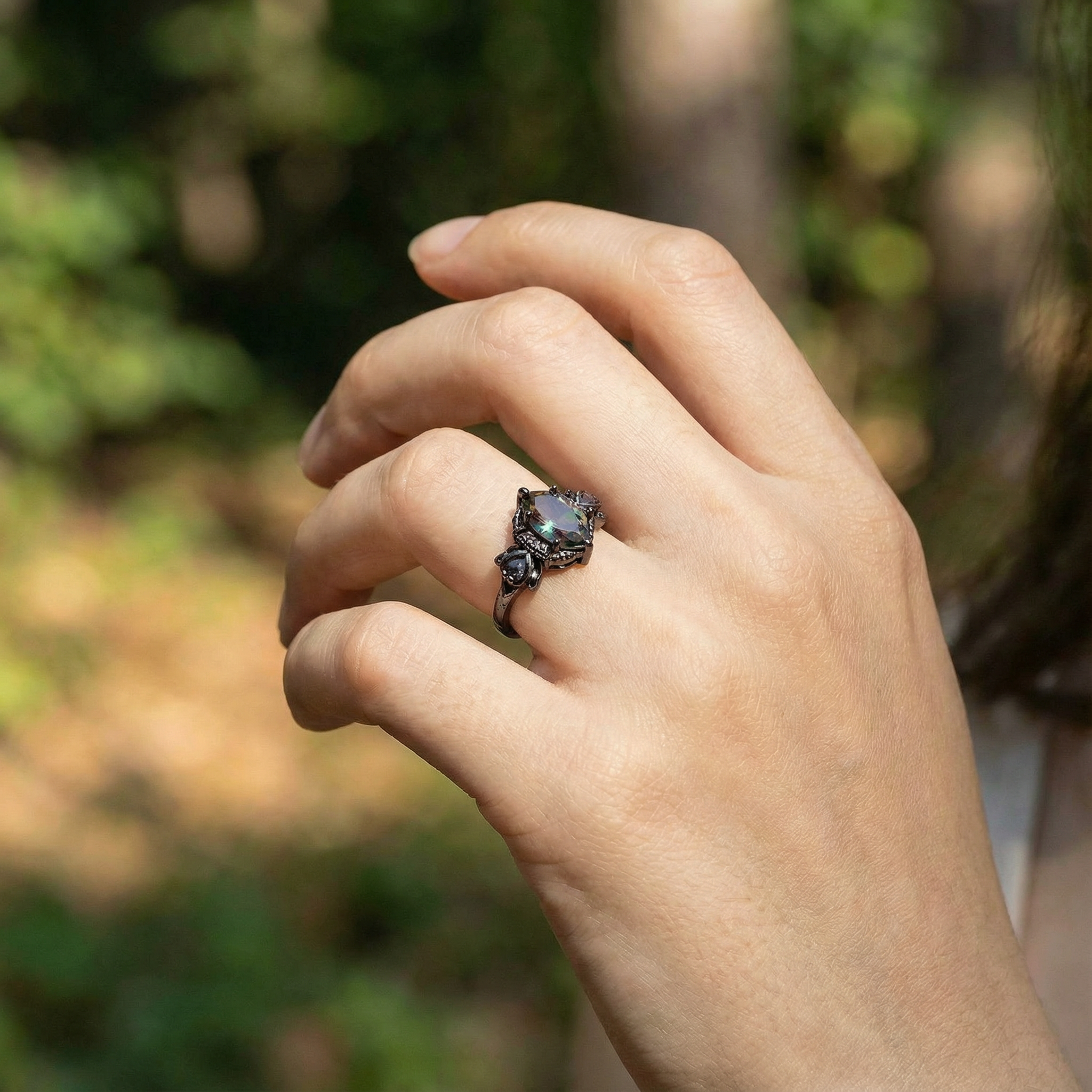 Marquise Lab Alexandrite With Amethyst Black Gold Engagement Ring Art Deco Ring