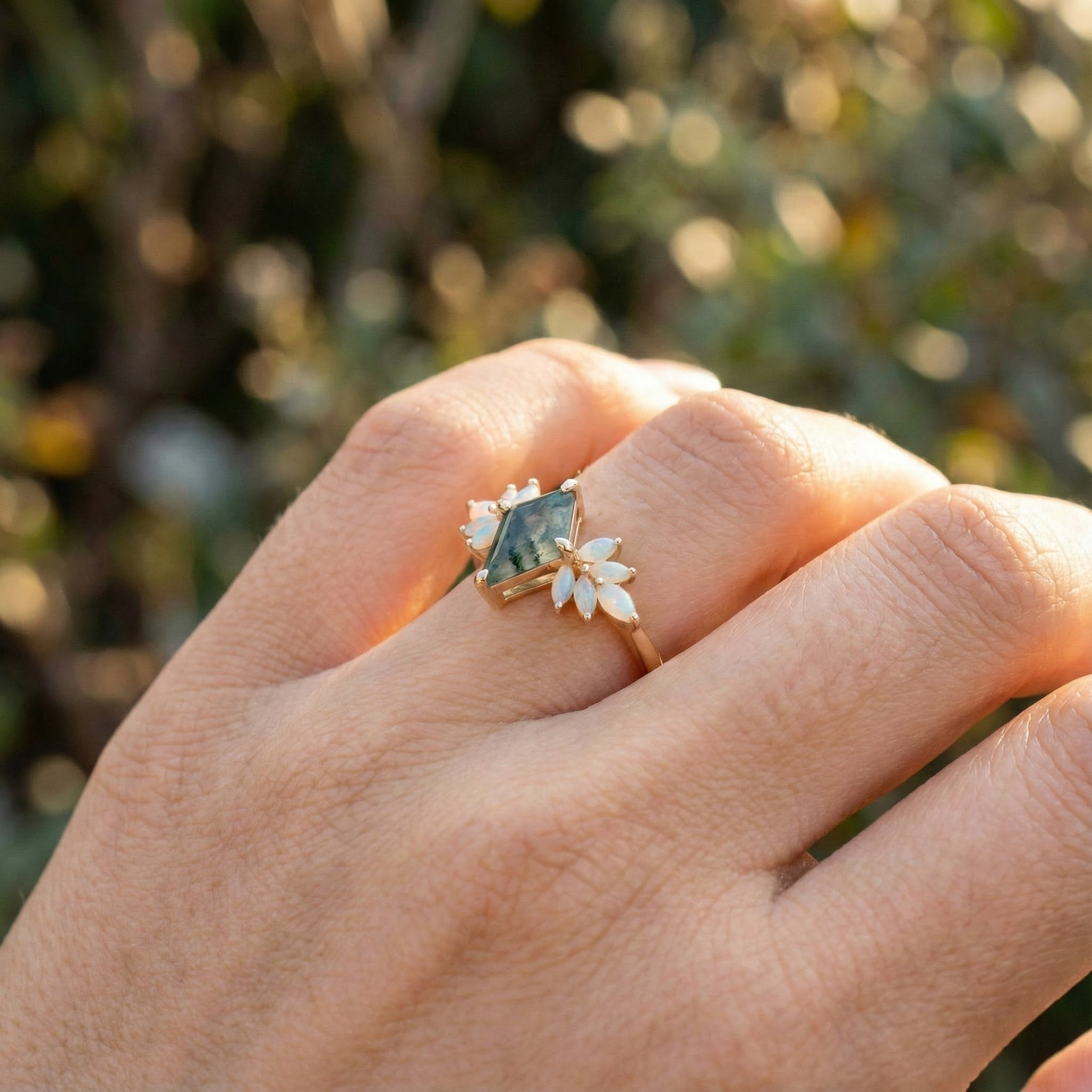 Kite-shaped Moss Agate With Opal Rose Gold Ring Art Deco Ring Opal Engagement Ring