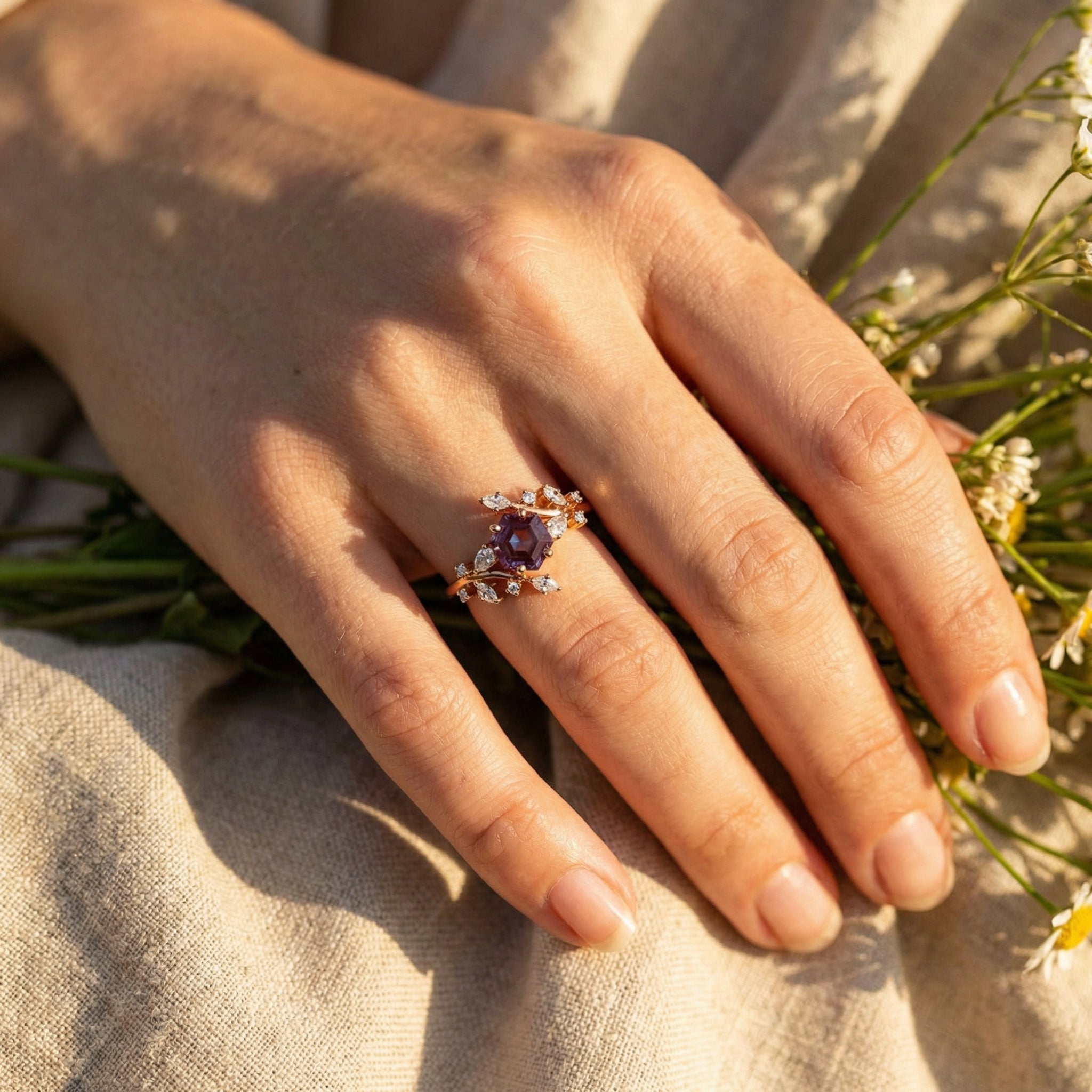 Detailed view of Hexagon Alexandrite Ring in Gold