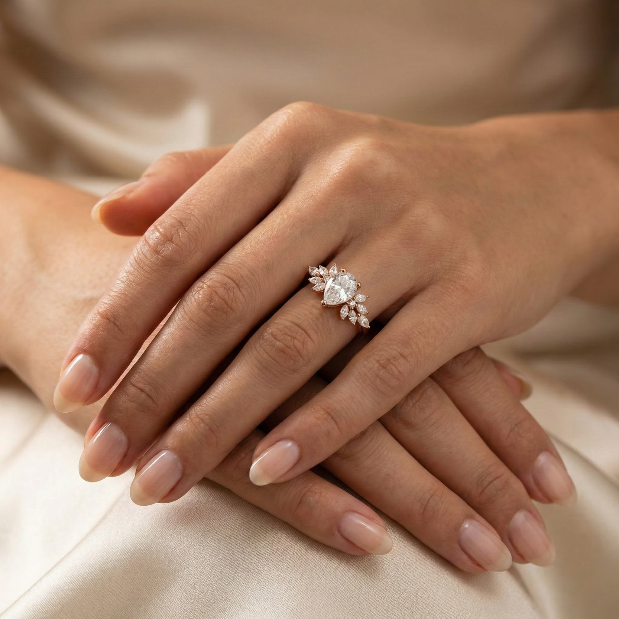 Detailed view of Pear Moissanite Engagement Ring in Gold