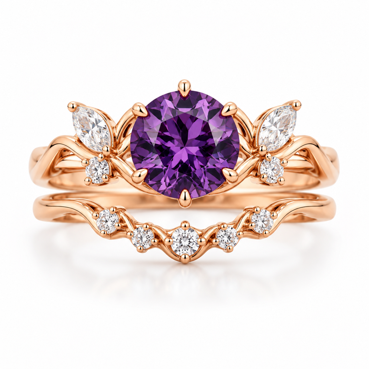 Round amethyst engagement ring set with curved wedding band in rose gold